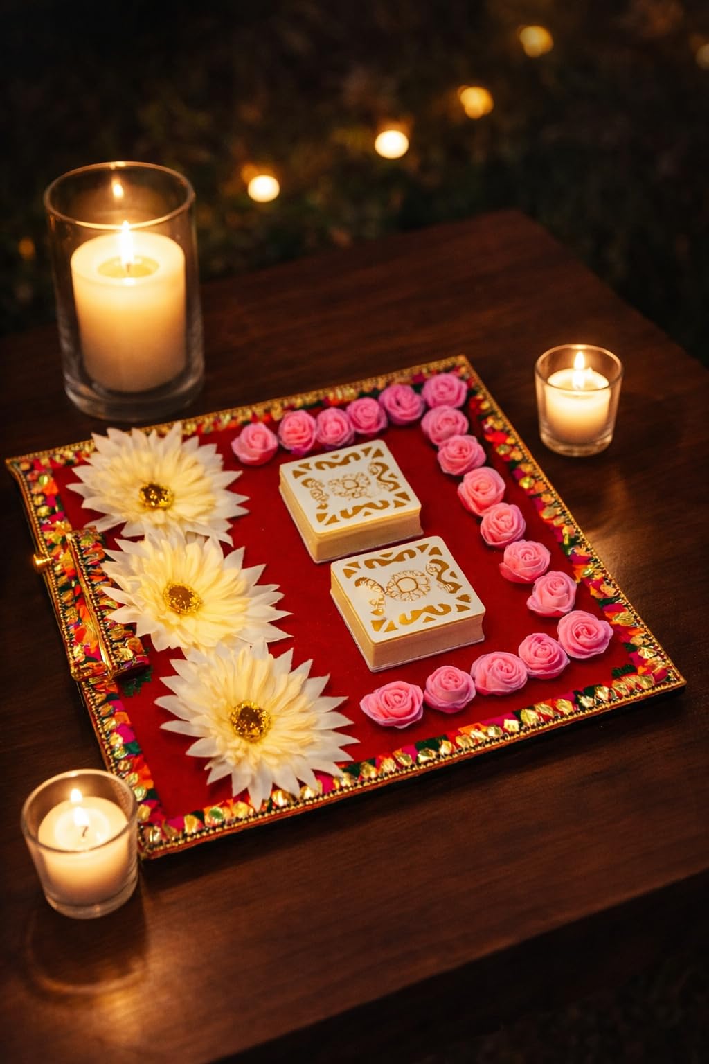 BESTMOON Elegant Ring Ceremony Tray with Artificial Flowers | Engagement Ring Platter with Dual Ring Boxes | Floral Wedding Ring Thali for Indian, Wedding Engagement Theme 1