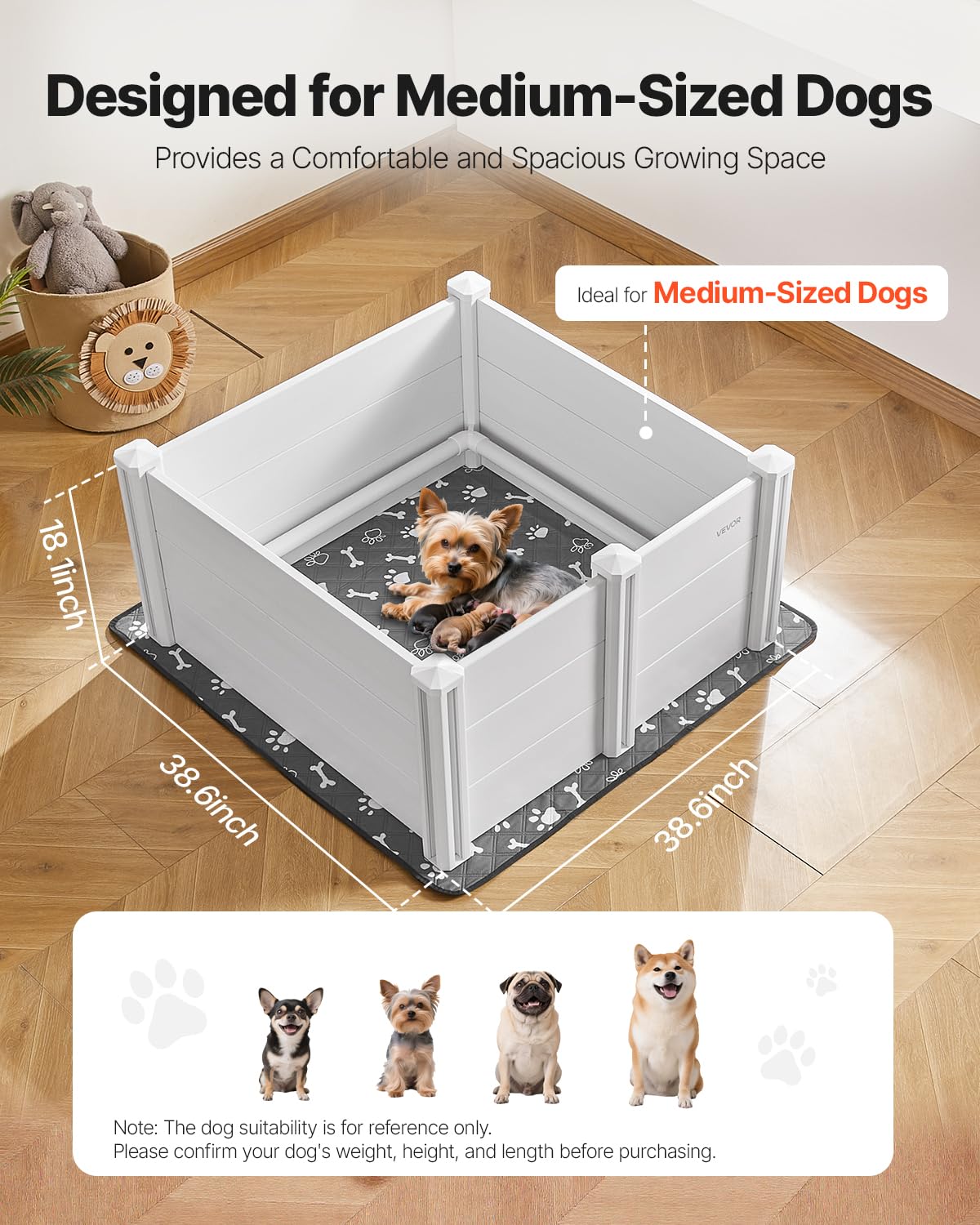 VEVOR Parc de Mise Bas pour Chien, 98 x 98 x 46 cm, Caisse de Mise Bas pour Chiots, avec Porte Hauteur Réglable, Tapis d'Urine Lavable, Boite de Naissance en Plastique PVC pour Chiens de Moyenne Race