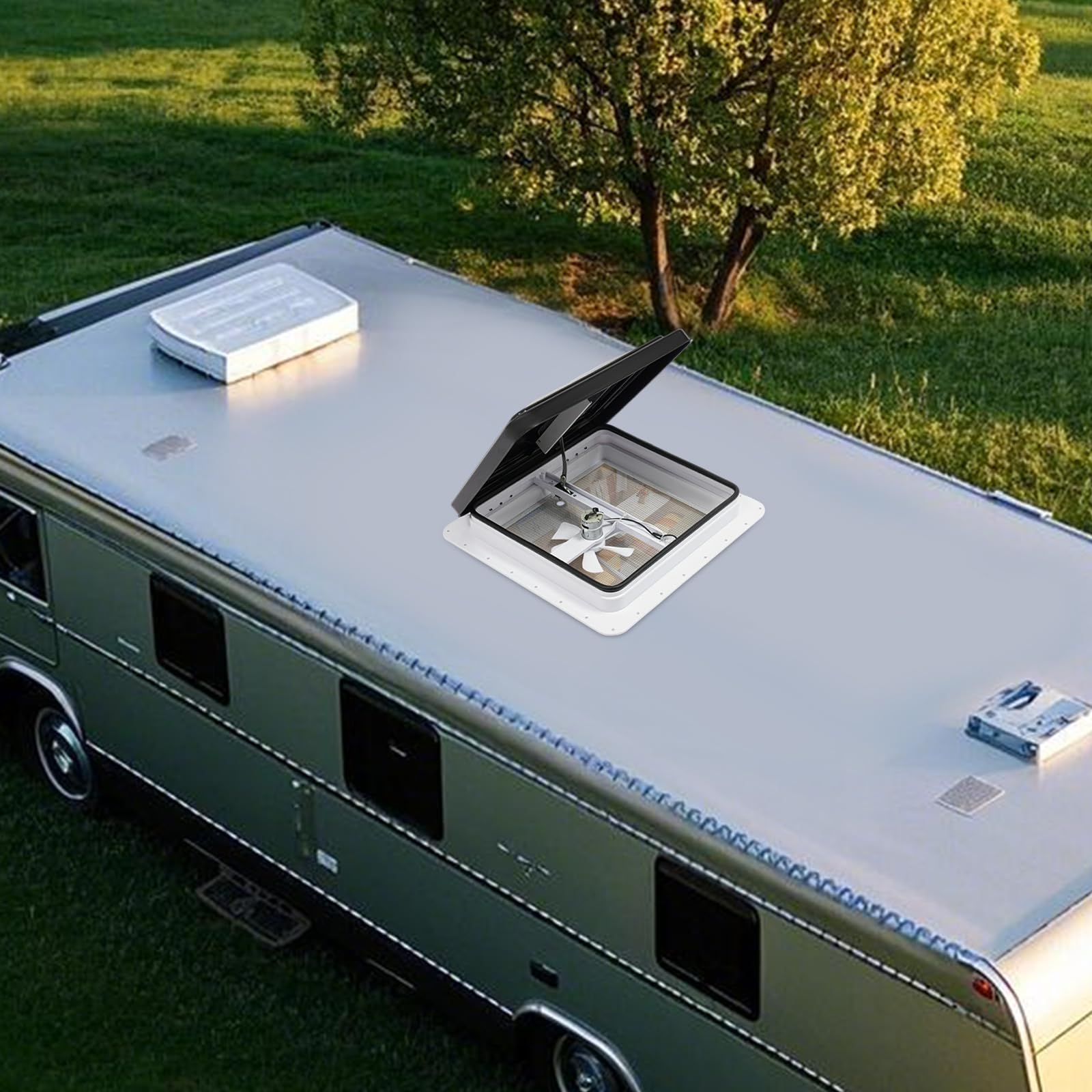 Escotilla de techo para autocaravana, 35 x 35 cm, claraboya con ventilador y mosquitera, repuesto universal para aberturas de 14 x 14 pulgadas, de plástico impermeable, color negro y blanco