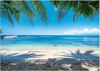AIIKES 7x5ft Sea Beach Backdrop Blue Ocean Sand Wave Palms Tree Leaves Background Hawaiian Blue Sky Decorations for Birthday Party Studio Props XY173