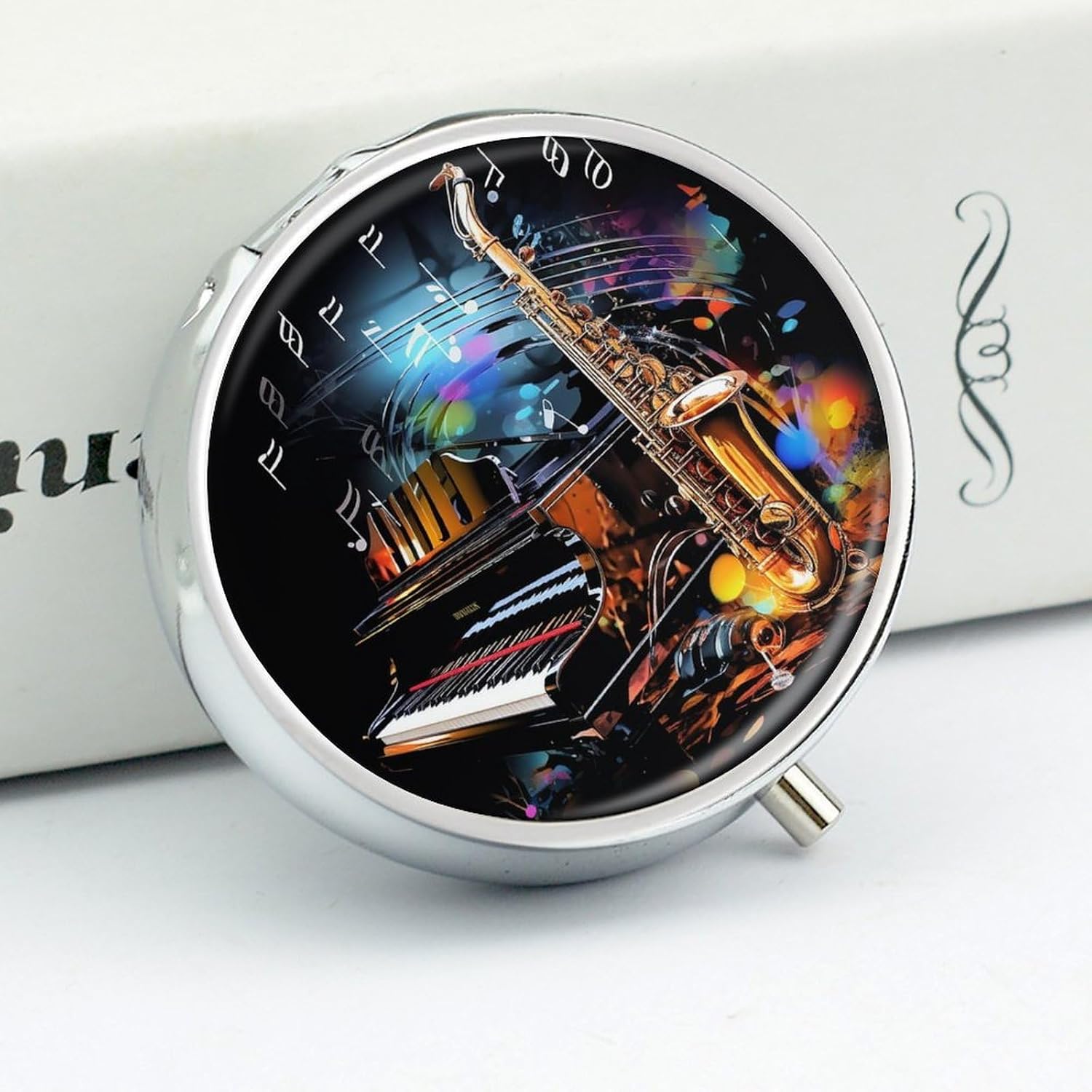 Round Daily Saxophone Piano Pill Case with 3 Compartment & Mirror image 4