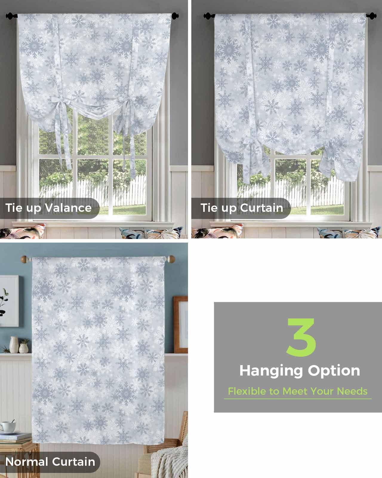 Christmas Gray Snowflake Tie Up Curtain for Window Blackout Balloon Valance Curtain for Bathroom Winter Xmas Grey White Snowflake Texture Window Shade for Kitchen Living Room Bedroom 42