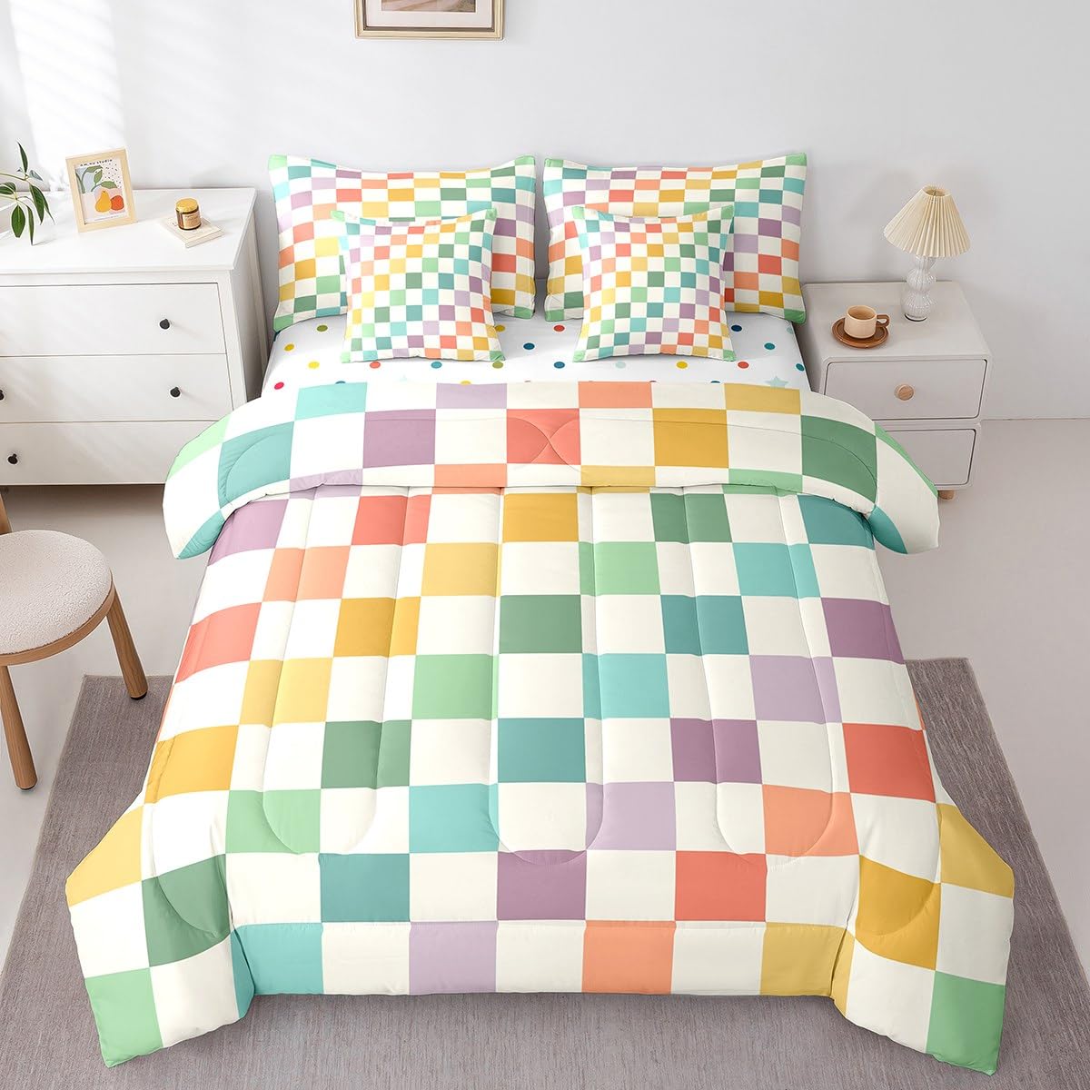 Feelyou Multicolored Checkered Retro 7 Piece Bedding Set Kids Boys Geometric Vintage Comforter Set with Sheets King Size Green Yellow Colorful Bed in a Bag Modern Simple Groovy Aesthetic Room Decor: Green Yellow Colorful Full