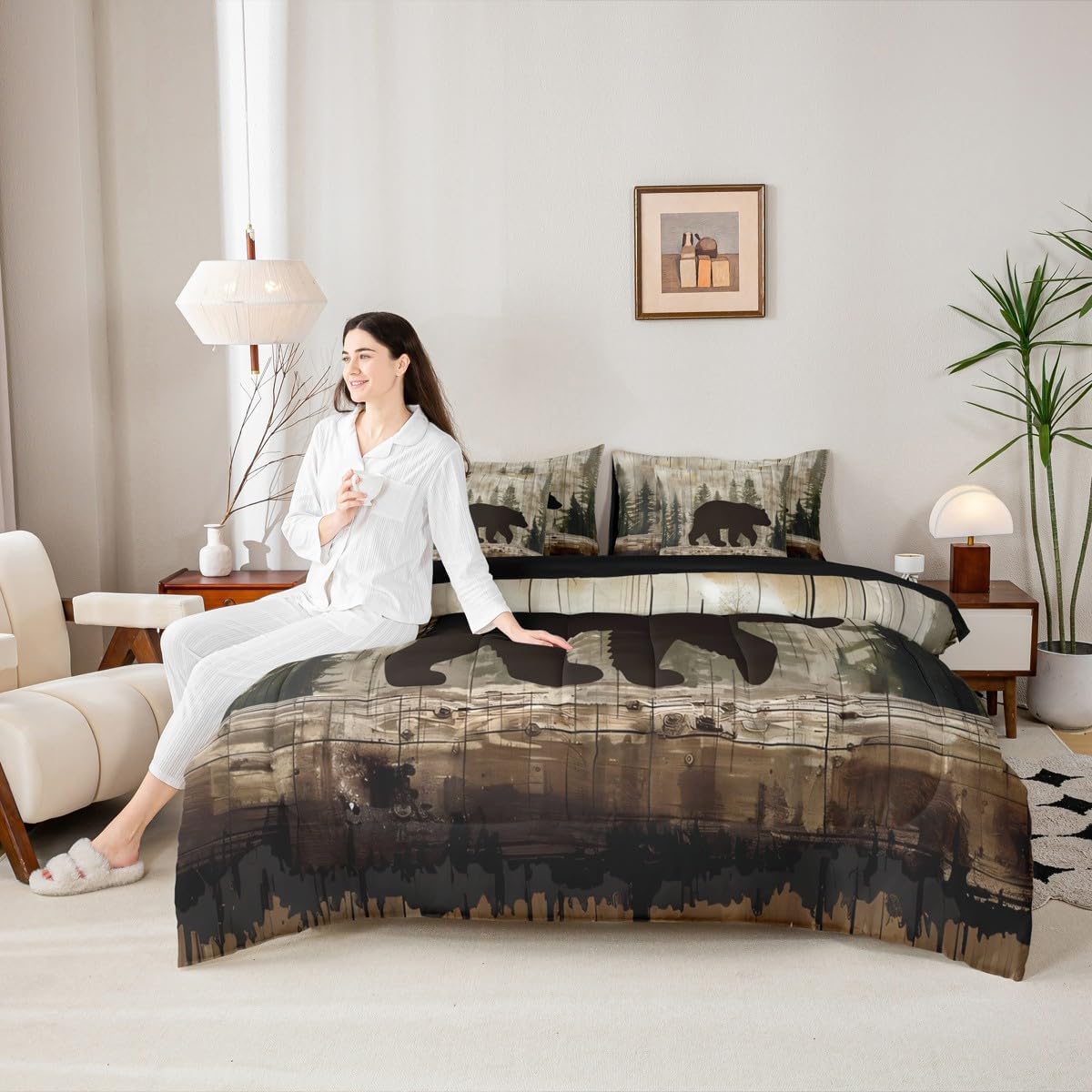 Feelyou Bear 7 Pieces Bed in a Bag Wildlife Hunting Bedding Set Full Size for Kids Boys Girls Rustic Cabin Comforter Set Farmhouse Bed Set