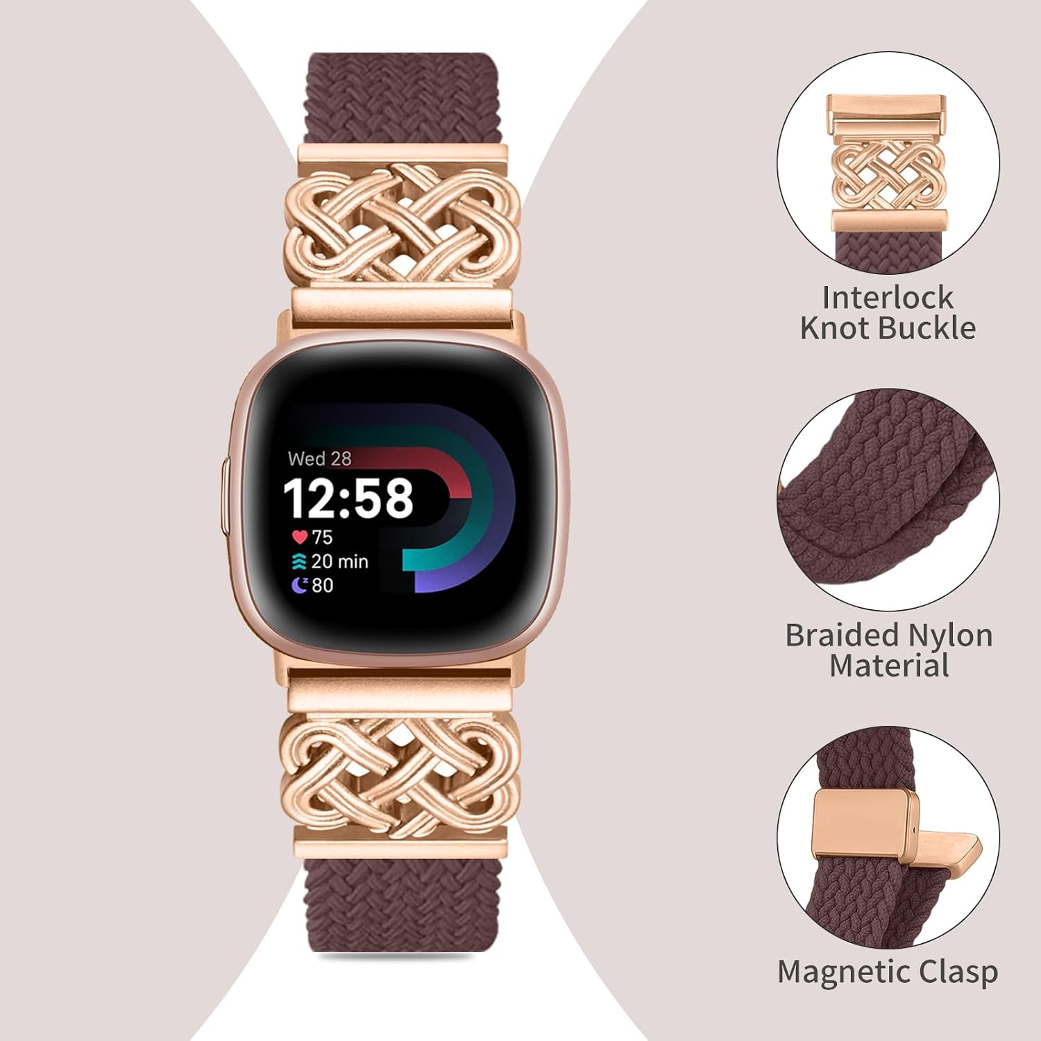 Braided Band Compatible with Fitbit Versa 4 Bands for Woman/Versa 3/Sense 1/Sense 2 Band, Magnetic Clasp Fabric Nylon with Designer Interlock Buckle Straps for Fitbit Versa4/3/Sense1/2 image 3