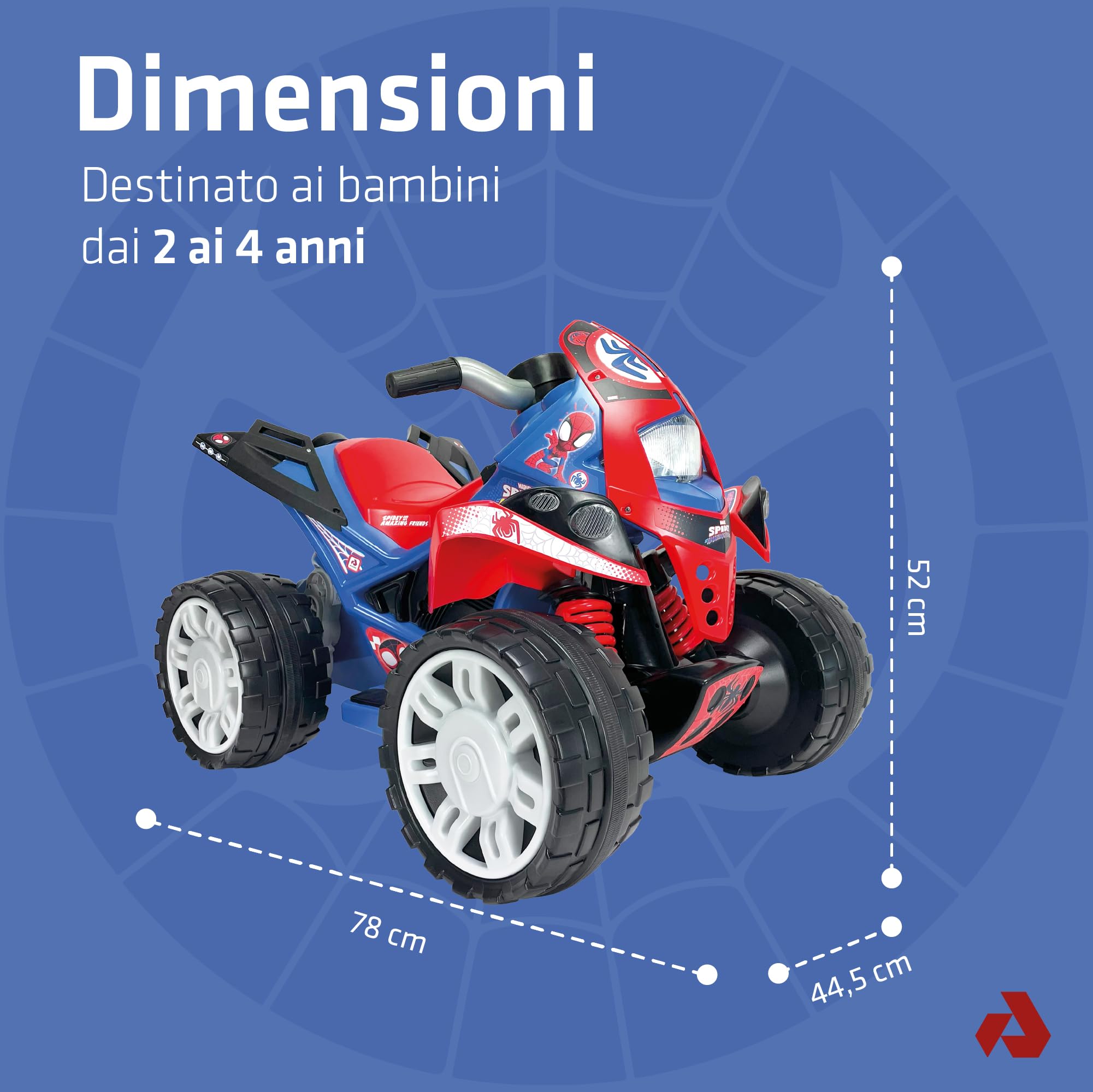 INJUSA - Quad Elettrico The Beast Spidey per Bambini 2-4 Anni, Batteria 12V, Pedale Acceleratore, Freno Elettrico, Retromarcia, Ruote Larghe in Plastica, Velocità 5-6 km/h, Blu