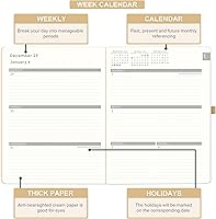 Vista 4 de 2026 Planner - JAN 2026 - DEC 2026, Planner 2026, Weekly and Monthly Planners, Leather Cover Planners with Thick Paper, Back Pocket with Notes Oro