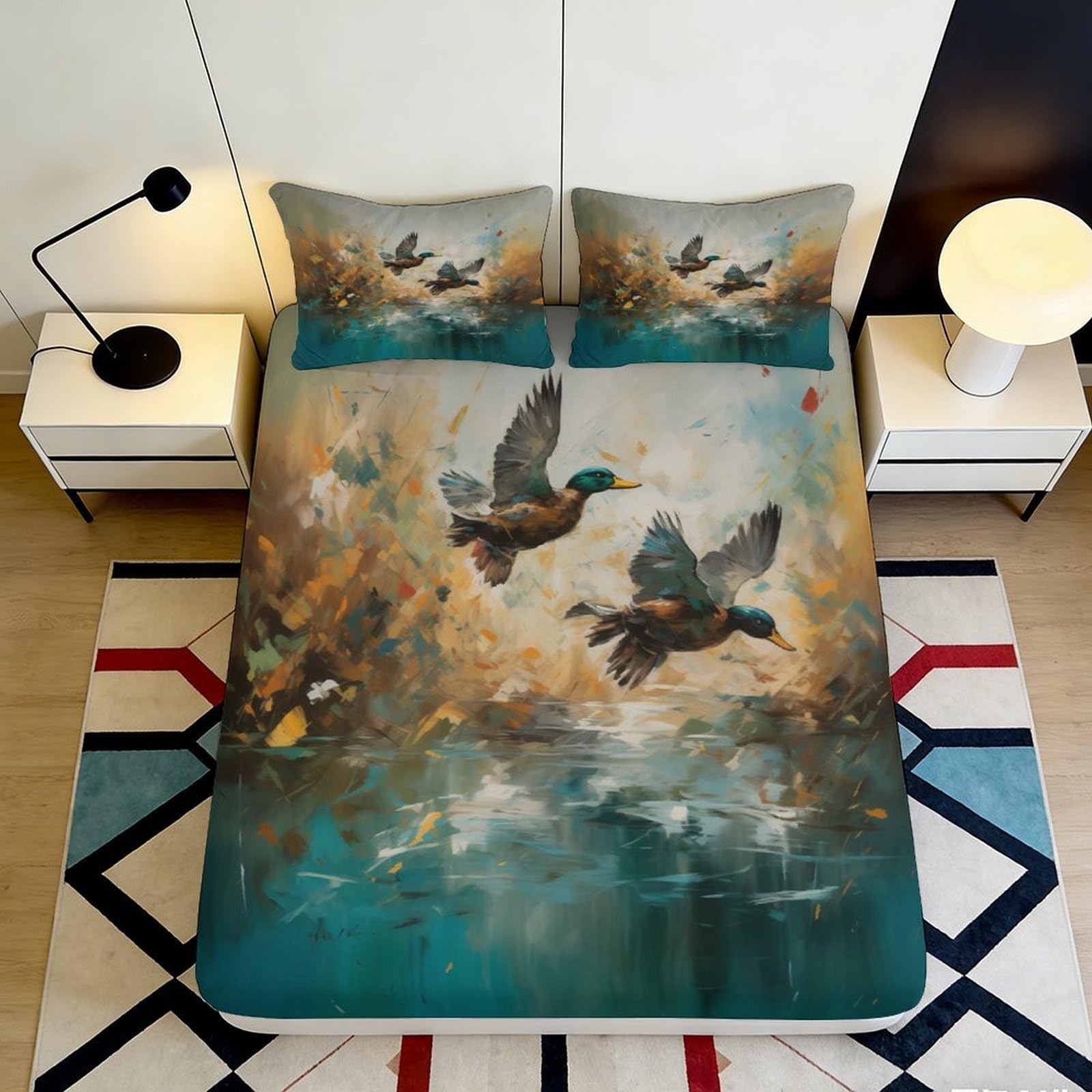 3D Printed Flying Duck Fitted Sheet Microfiber Decorative Nature Scene Mattress Cover for Bedroom Guest Room Dorm 90x200x25cm