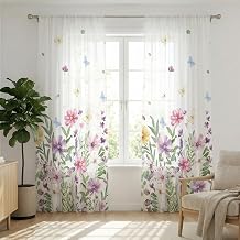 Horaldaily Floral Sheer Curtains for Living Room and Bedroom, Wildflowers Butterfly Window Curtains, Holiday Window Drapes Decor, 52" W x 63" L, Set of 2 Curtain Panels
