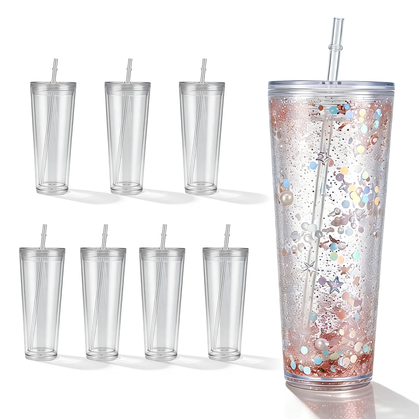 Normodic 24oz Snow Globe Tumbler 8 Pack, Acrylic Double Wall Tumbler Cups with Straw and Lid, Pre Drilled Reusable DIY Glitter Cups, Snow Globe Tumbler Starter Kit for Custom Crafts and Gifts