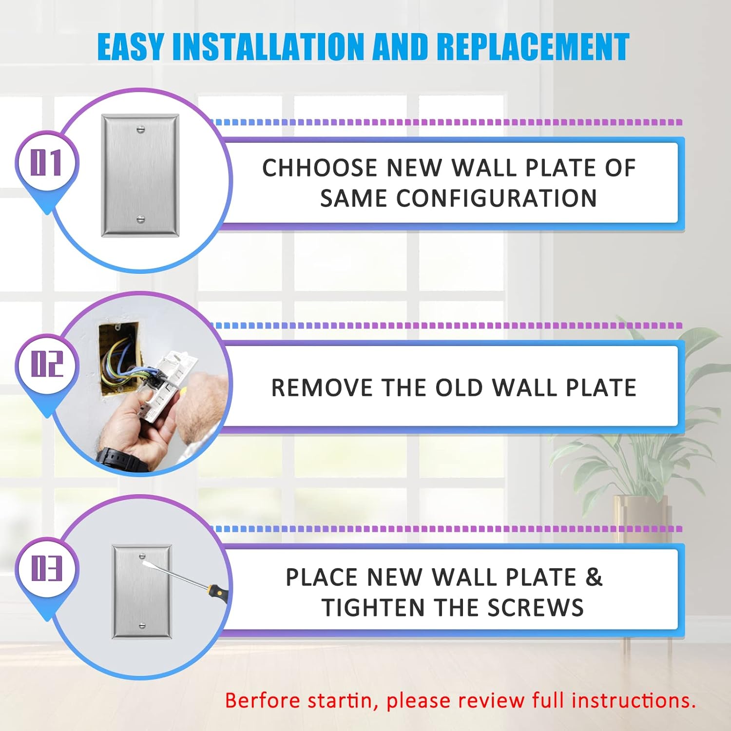 1-Gang Blank Decorator Metal Wall Plate - Stainless Steel Switch Outlet Cover,Brushed Finish, Silver (2-PACK, Single Blank)
