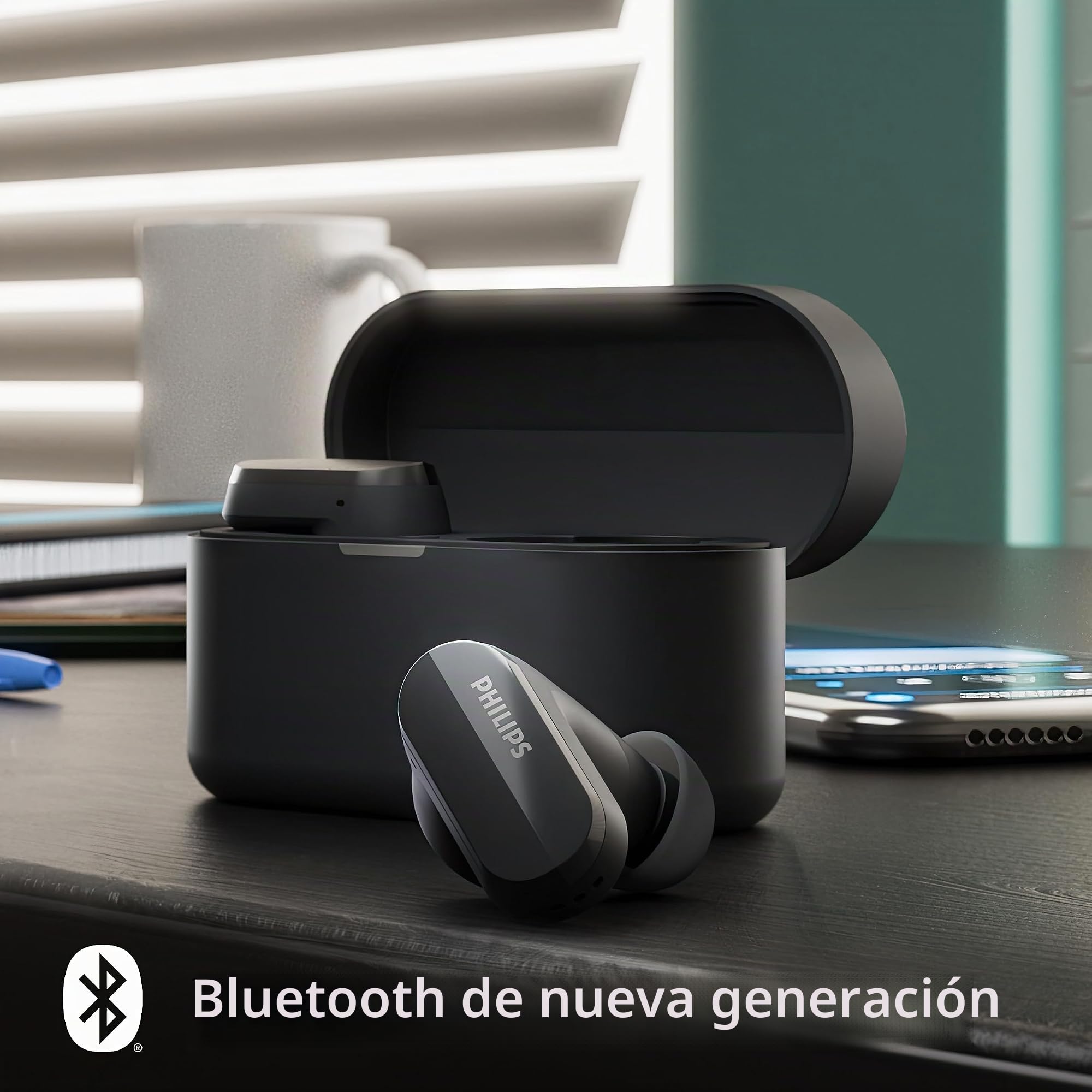 Philips TAT3508BK/00 Auriculares True Wireless Bluetooth con cancelación De Ruido y micrófono | Auriculares de Silicona con Sonido Natural | hasta 21 Horas De Reproducción | Cable USB-C | Negro