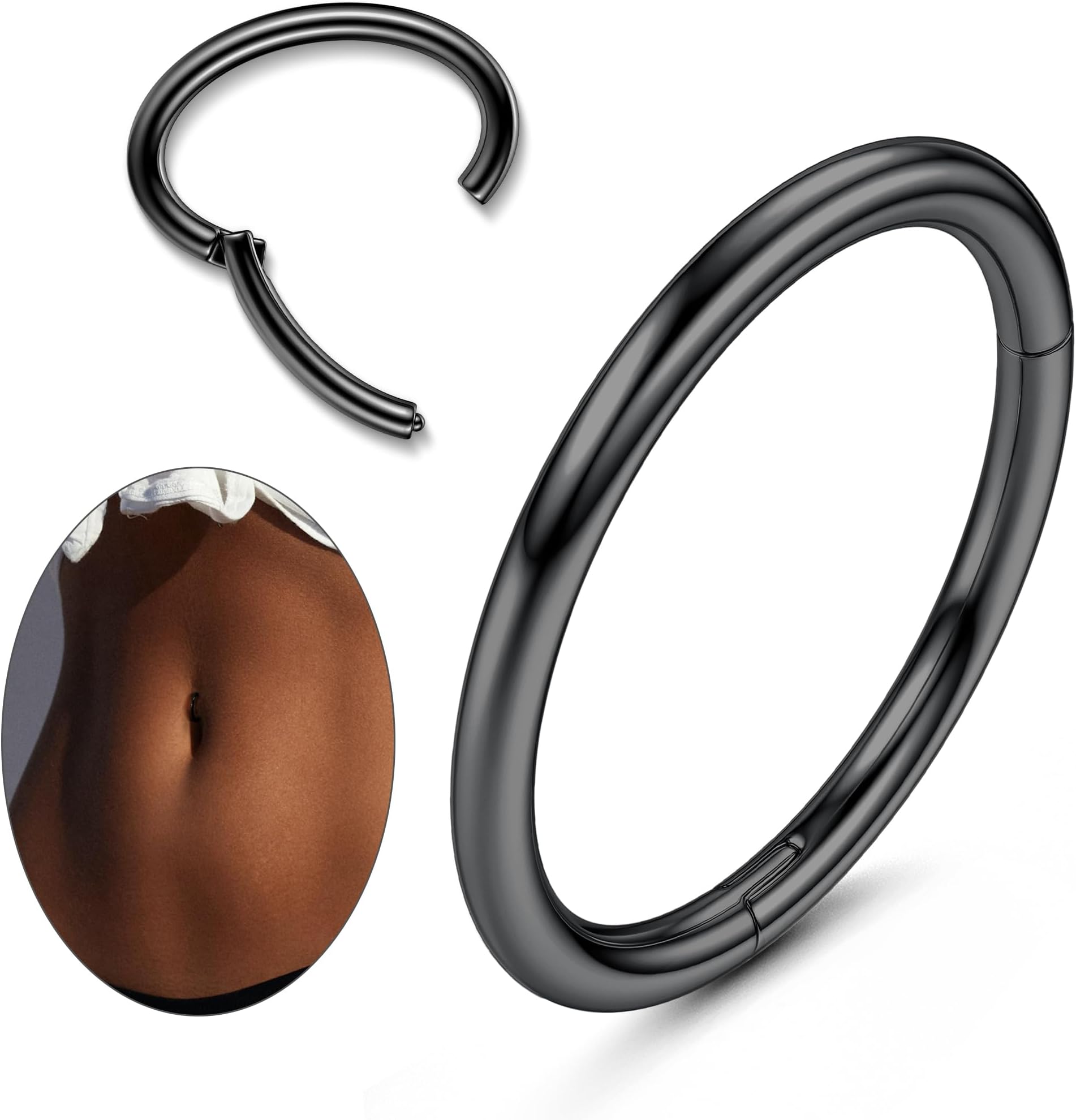 ZZHDCC 14G クリッカー へそリング 女性用 ホワイトゴールドメッキ フープ へそリング シャイニー CZ へそ クリッカー 楕円形 ベリーリング リバース へそボディ ベリーピアス ジュエリー