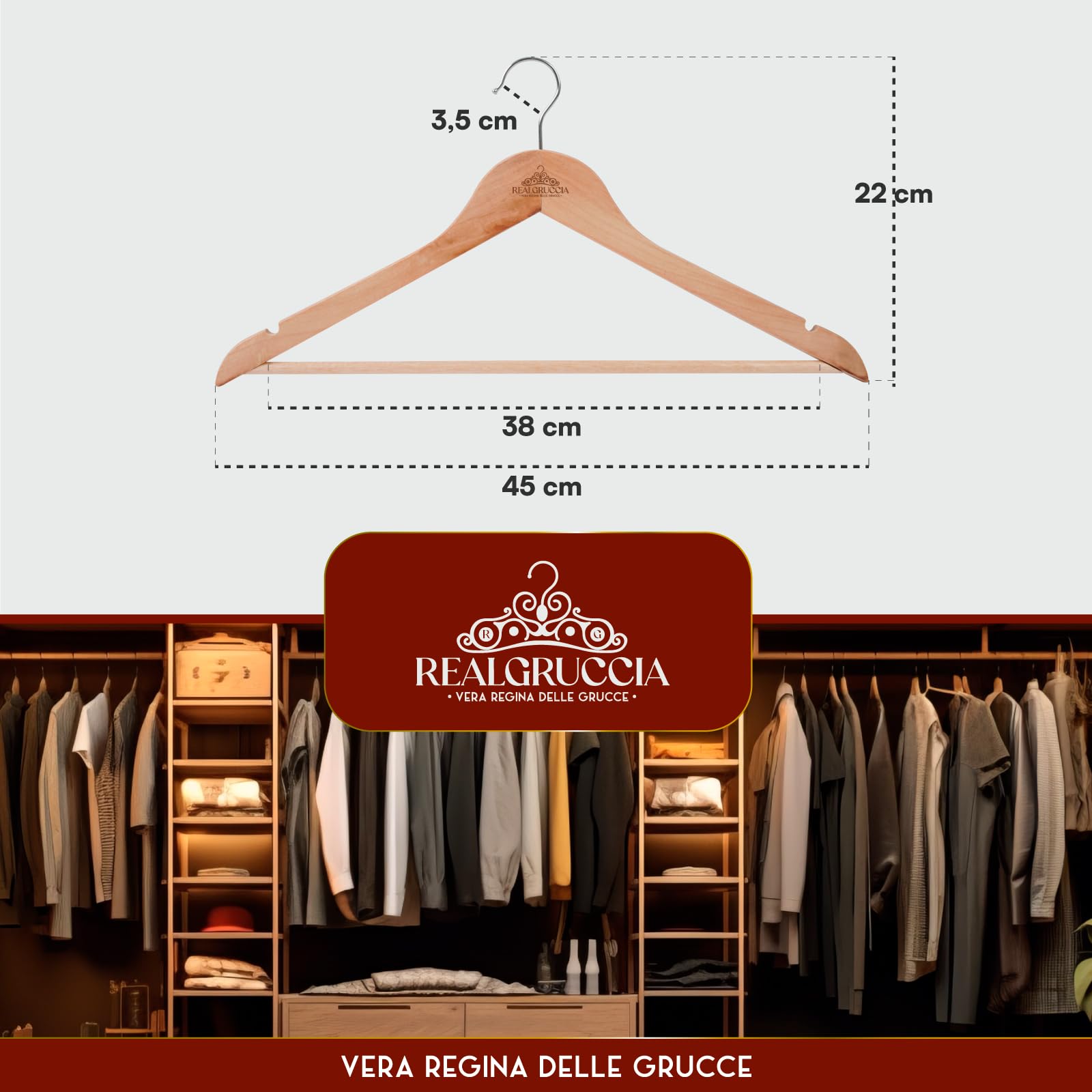 40 Grucce Appendiabiti in Legno Naturale per Vestiti Abiti Giacche Camicie - RealGruccia Barra porta Pantaloni Tacche Antiscivolo e Gancio Girevole 360° - Finitura Lucida e Profilo Smussato - 22x45cm