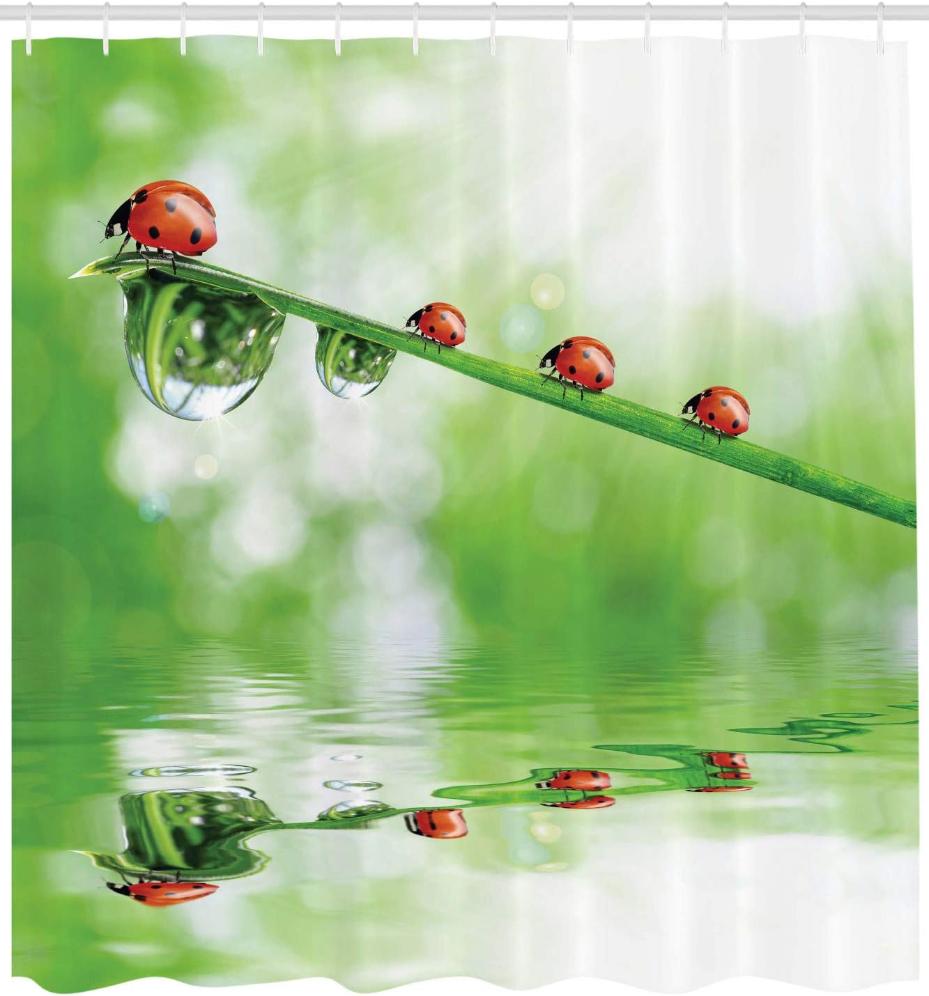 Ambesonne Ladybugs Shower Curtain, Ladybugs on a Stem Over The Water Striped Animals Fresh Environmental Life Image, Cloth Fabric Bathroom Decor Set with Hooks, 69" W x 70" L, Red Green