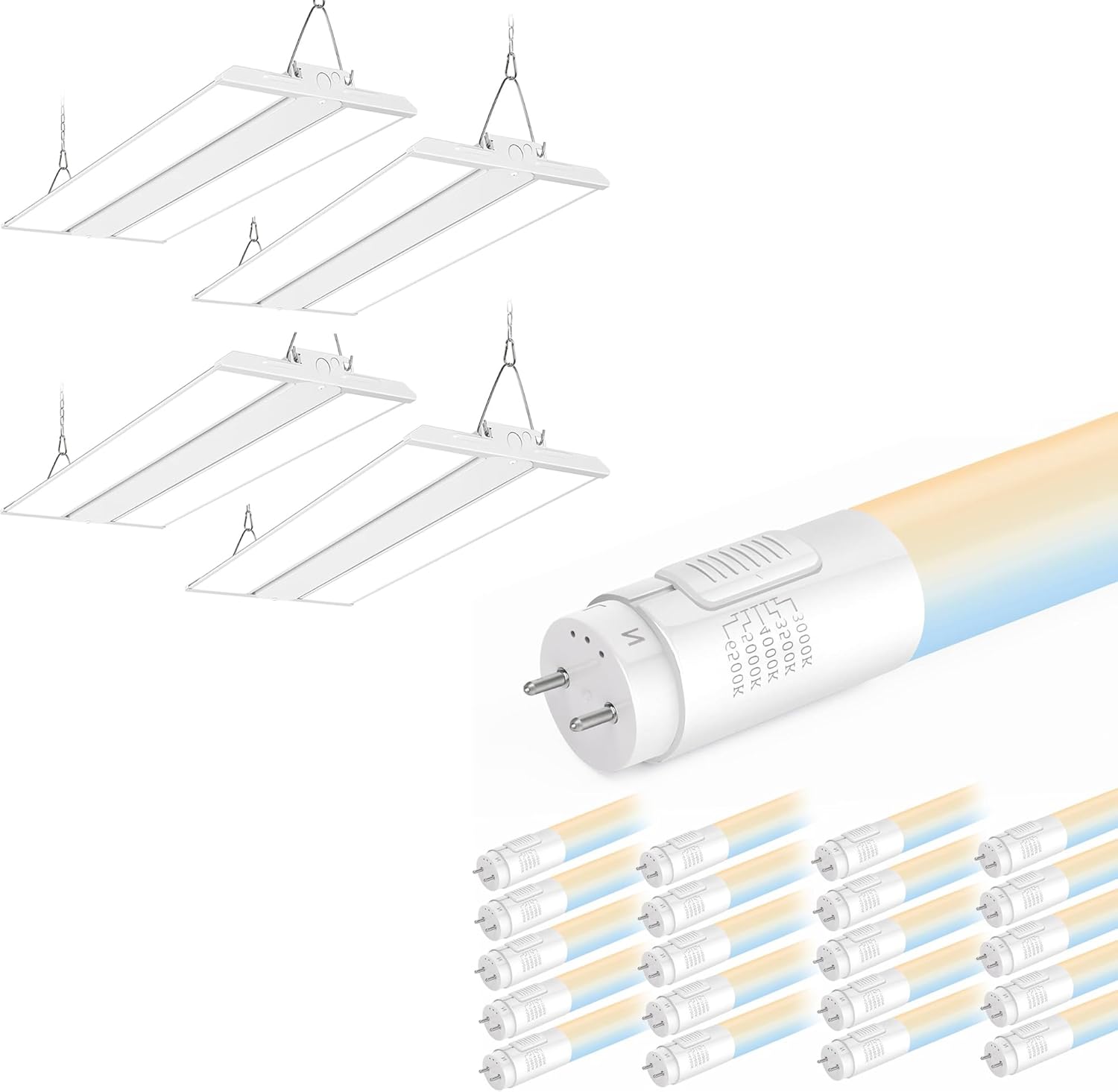 hykolity 4 Pack 2FT150W LED Linear High Bay Shop Light 20 Pack 5CCT 4FT LED T8 Ballast Bypass Type B Light Tube