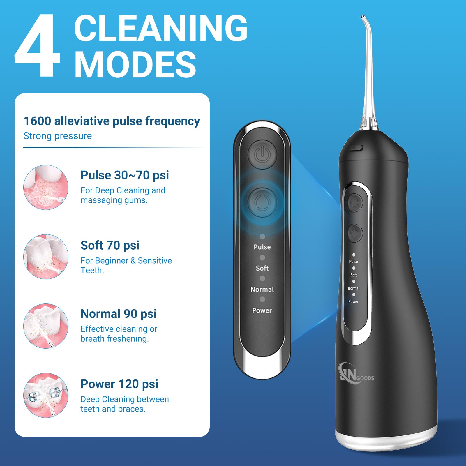 JNGOODS JNGOODS - Irrigador bucal inalámbrico de agua, 300 ml, recargable para dientes, IPX7, impermeable, 4 modos, irrigador oral portátil con 4 puntas de chorro, uso doméstico de viaje (negro)