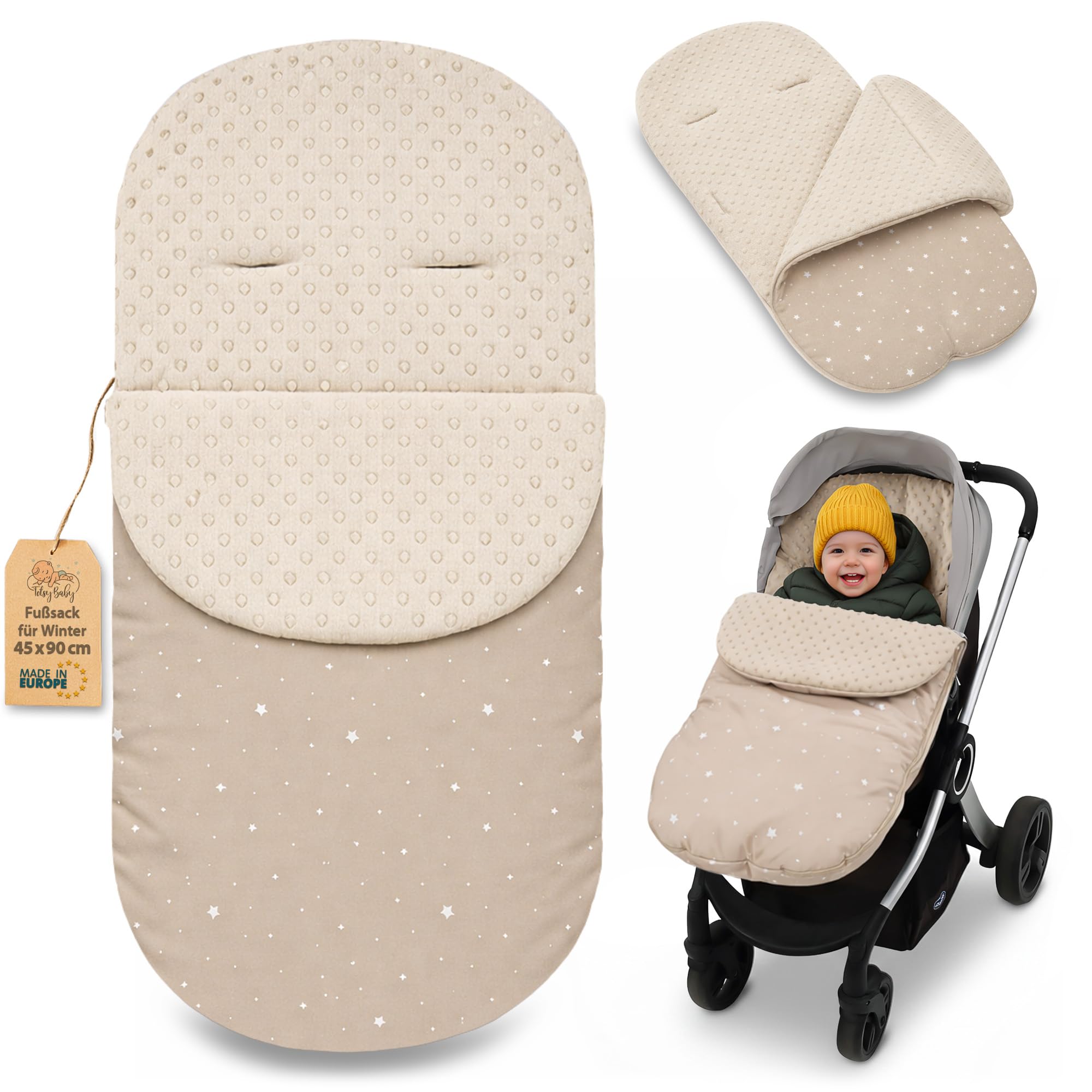Sacco passeggino invernale nanna 90x45 cm - coprigambe universale neonato termico per cybex yoyo e altri passeggini perfetto per ragazzi e ragazze Minky certificato Oeko-Tex Beige Con Stelle Bianche