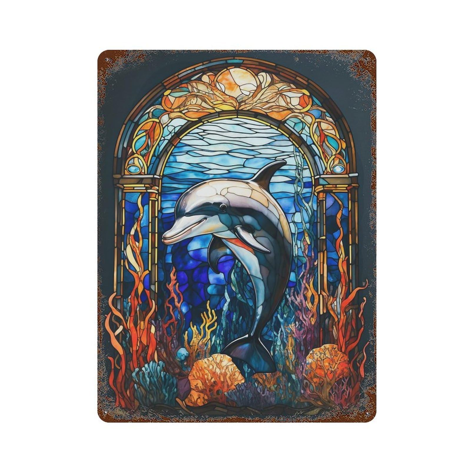 Dolphin 15.7"x11.8" Vintage Rust Metal Sign, Shabby Chic Decor for Garage, Bar And Workshop Decor