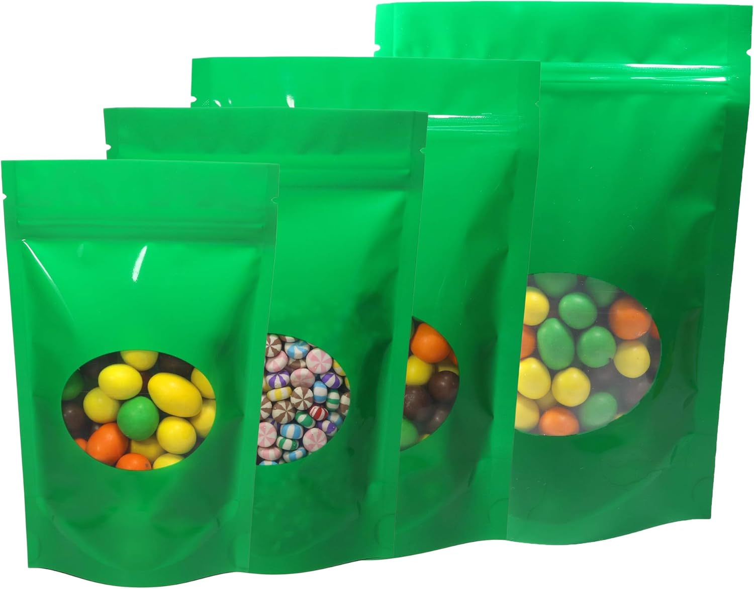 両面マット/光沢カラークリアラウンドウィンドウスタンドアップポーチ(6.3インチ x 8.7インチ、光沢グリーン|100袋)