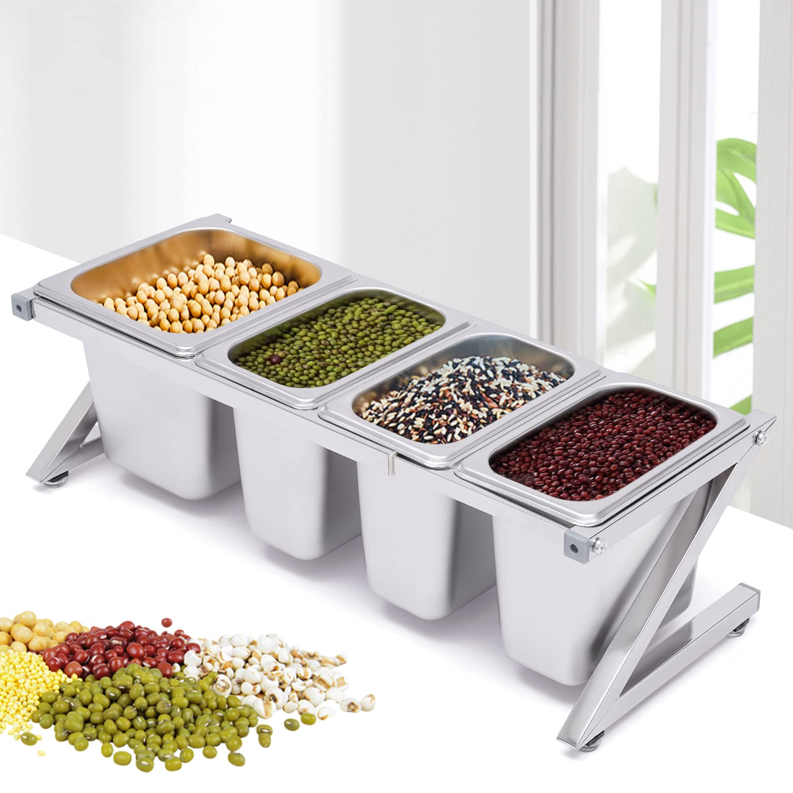 Especiero extensible ajustable – Estante de acero inoxidable de 14.1 a 23.6 pulgadas con sartenes de 3 x 1/9 y 1 x 1/6 y 4 cucharones – Soporte ideal para encimera para salsas, ingredientes y frutas