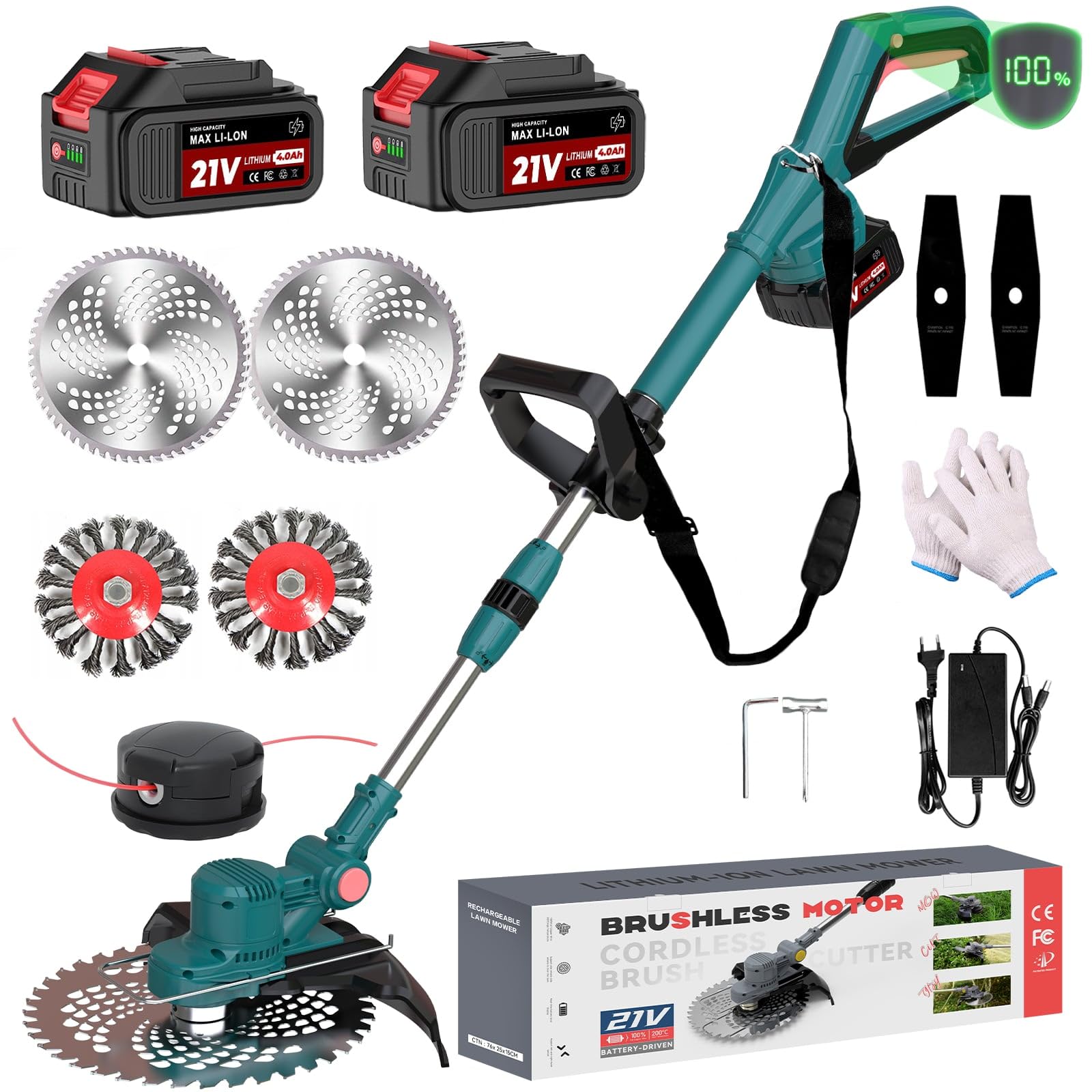 Hengriacly 21V Rasentrimmer mit Akku, Freischneider Akku, Motorsense Akku, 750W Bürstenloser Motor, Rasentrimmer mit Unkrautbürste