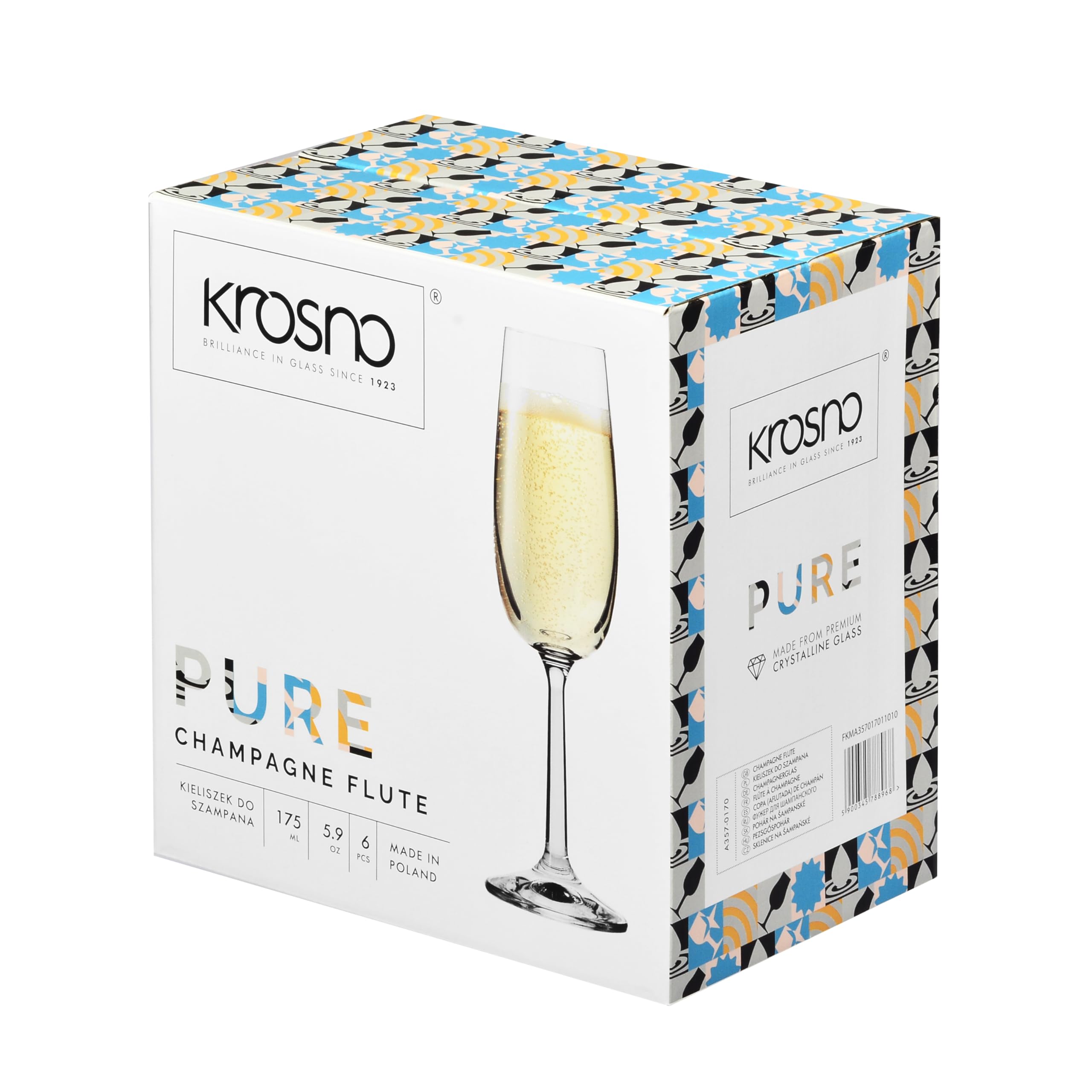 Krosno – Flûtes à Champagne et Prosecco 175 ml – Lot de 6 – Collection Pure – Cristal Sans Plomb – Silhouette Élancée, Élégante et Intemporelle