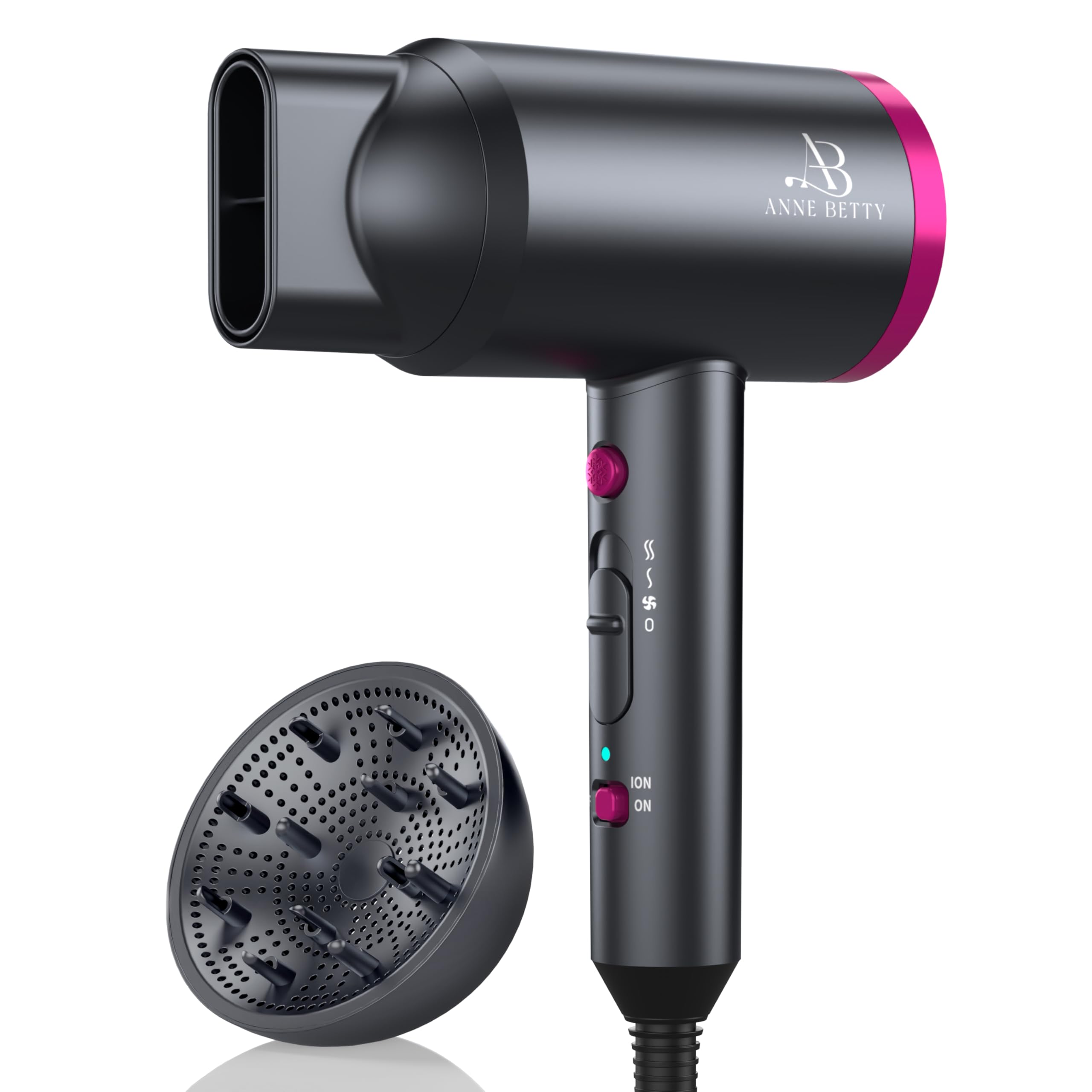 ANNE BETTY Ionic Hair Dryer with Diffuser, Powerful 1800W Blow Dryer for Women &amp; Men, Fast-Drying Hair Dryer with Nozzle for Home, Salon, Travel