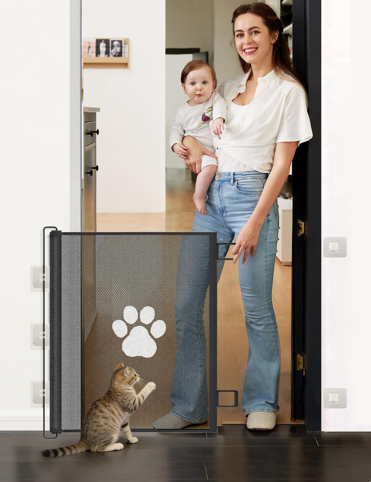 Treppenschutzgitter, Extra Stabiles Ausziehbares Sicherheitsgitter Bis 130 cm Breite und 78 cm Hoch Ohne Bohren oder Schrauben für Baby Hund Katze Tür Treppe Innen Außen Schwarz mit Pfoten-Logo