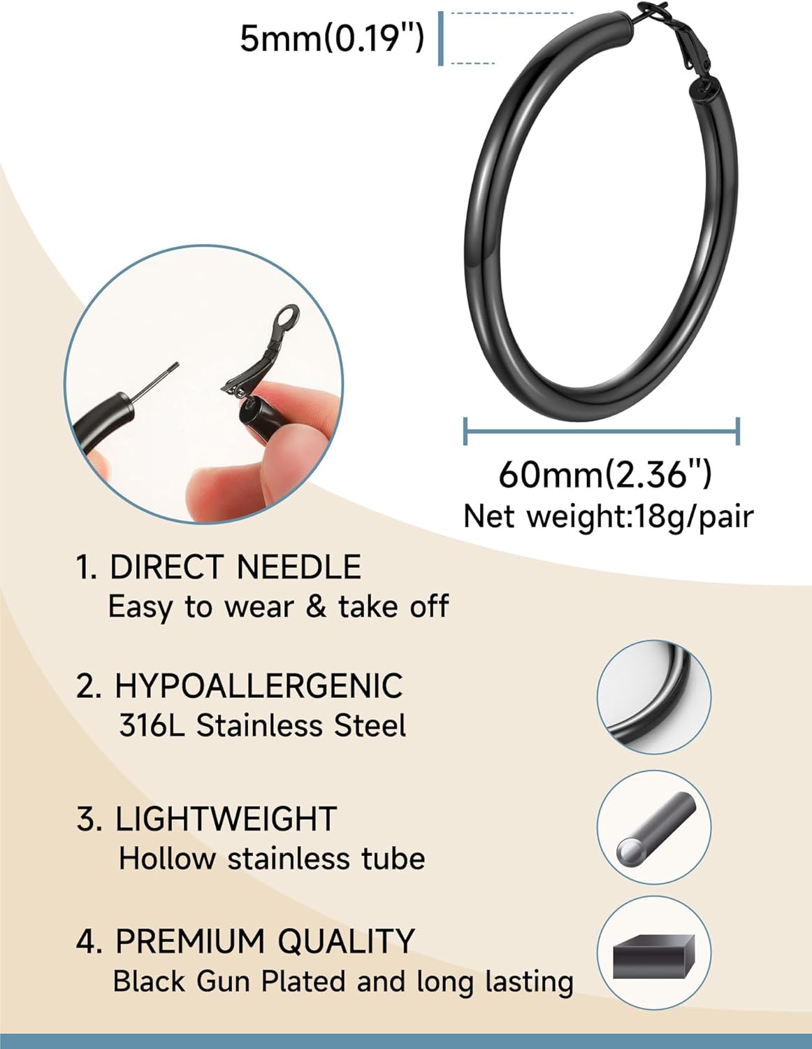 Stainless Steel Chunky Hoop Earrings For Women, Minimalist and Chic, Black/Gold Plated, Round Hoops Earrings Hypoallergenic, Size: 30mm/40mm/60mm/80mm, Come with Box - Image 5