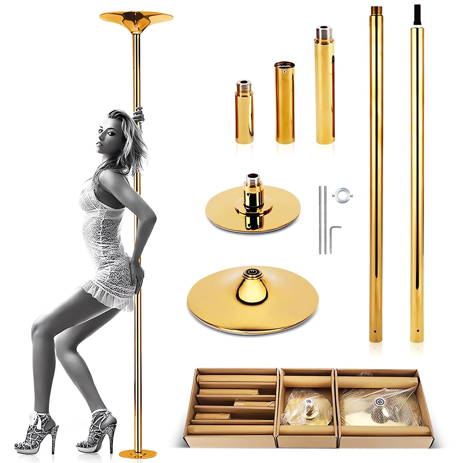 Roluck Pole Dance, barra da ballo, diametro 45 mm, lunghezza regolabile, set di danza professionale, portatile, rimovibile, con funzione statica + spinning (oro)