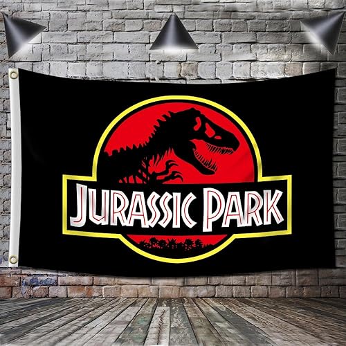 Bandera jurásica de parque, bandera de dinosaurio de película (3 x 5 pies, resistente, poliéster 150D duradero) ojales de latón para dormitorio