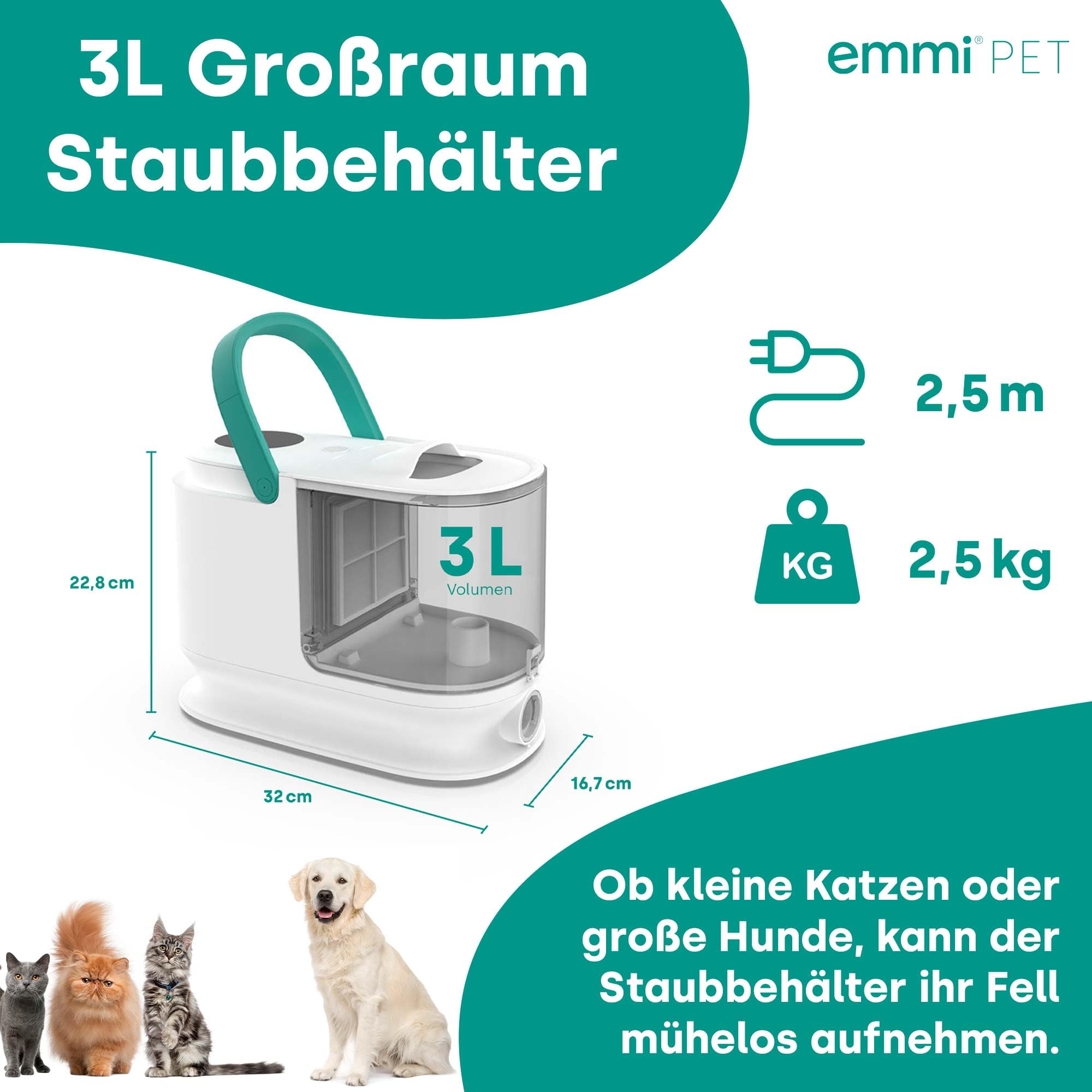 Emmi-pet Grooming Kit Pro – 8 en 1 – Esquiladora para perros con aspiradora, esquiladora, peine y 8 cepillos profesionales – 3 niveles de succión para perros y gatos – Cuidado de las uñas y depósito