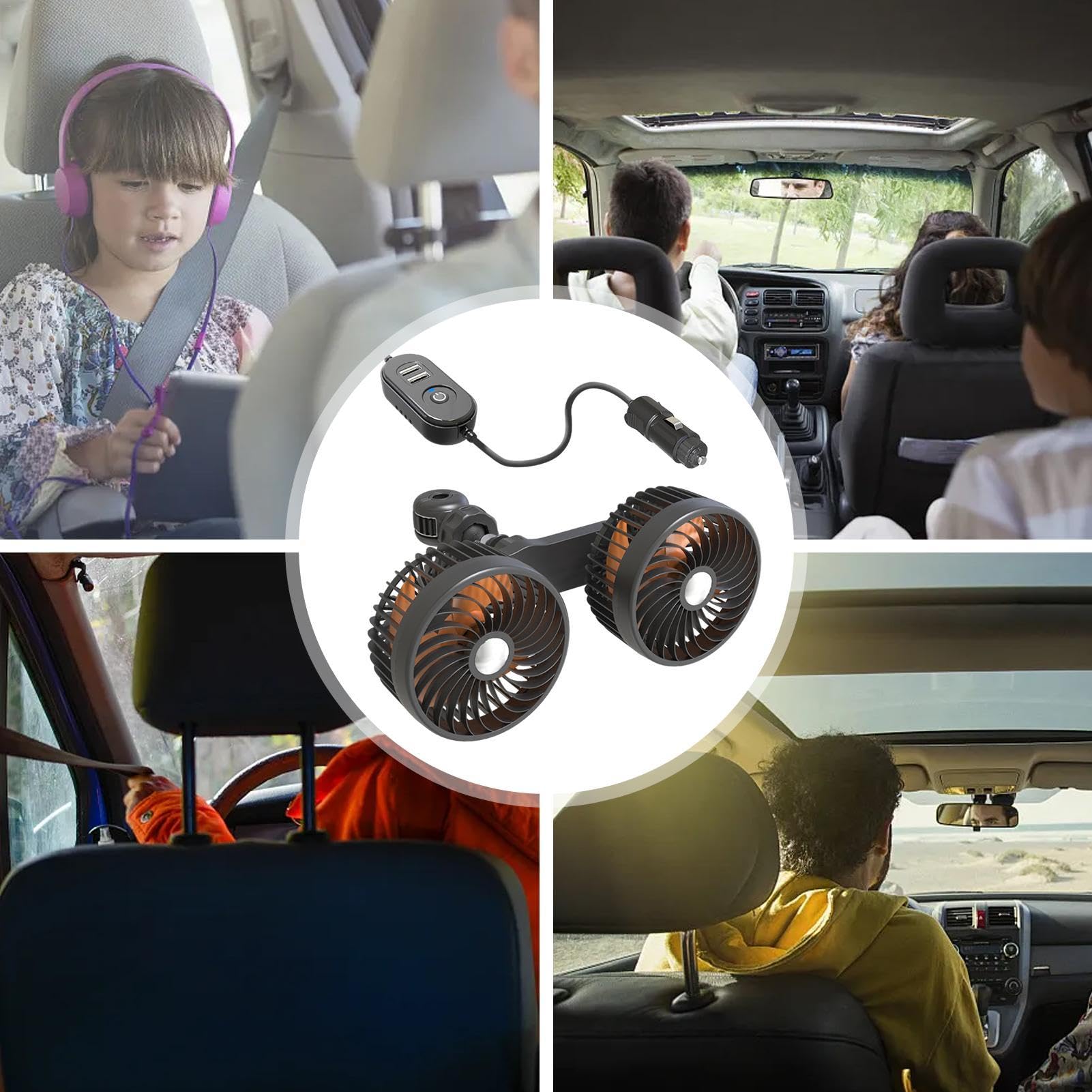 Ventilador de coche USB,Ventiladores de asiento de coche | Ventilador de coche con carga USB giratorio de 12 V y cabezal doble | Suministros de refrigeración, fácil instalación, ventilador de funciona