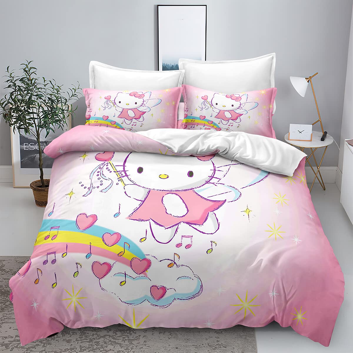 3 Piece Cat Hello Bedding Duvet Cover Sets,Cartoon Kitty Comforter Quilt Cover with 1 Quilt Cover 2 Pillow Shams for Kids Children Adults Teen