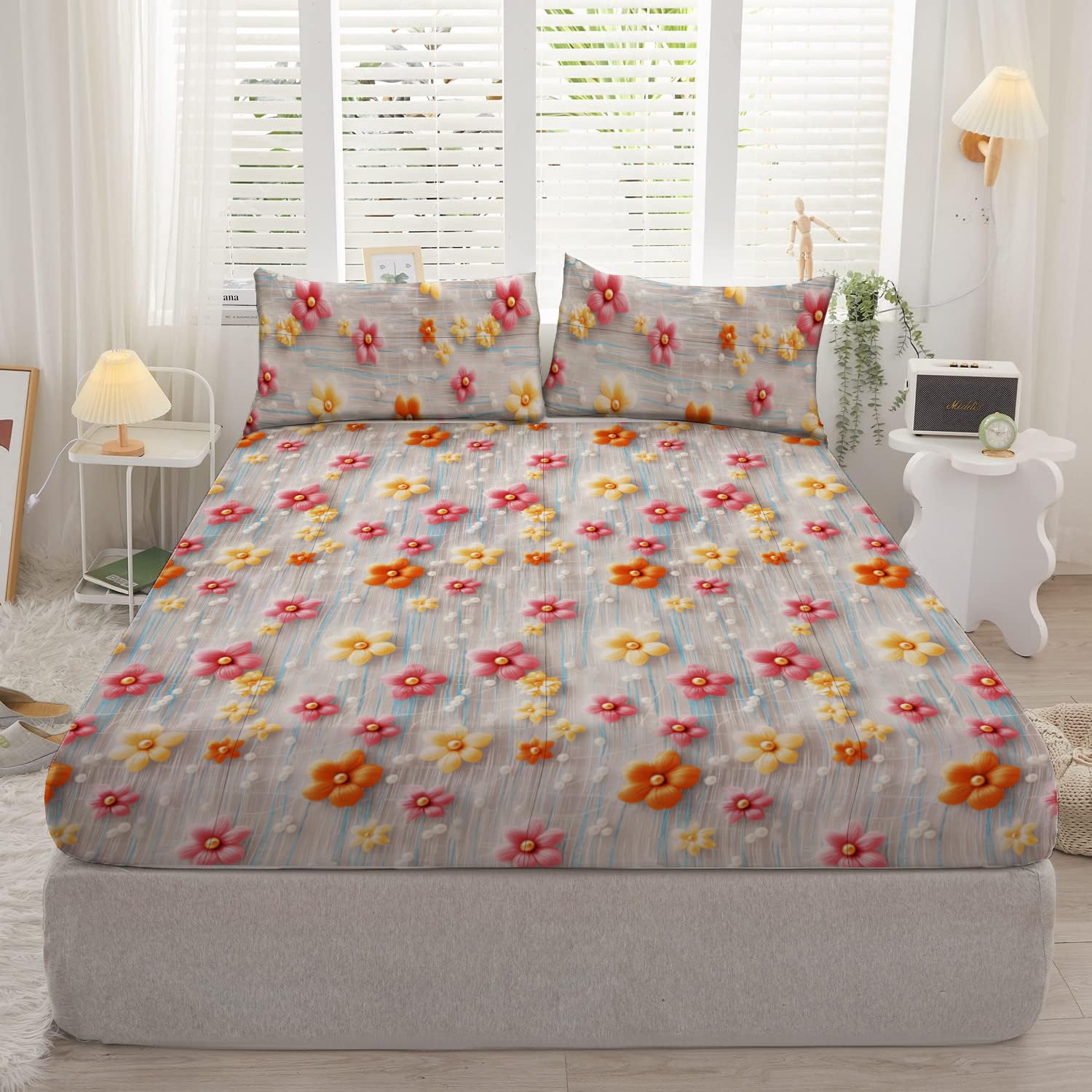DECOMIZER 300TC Cotton Feel Glace Cotton Elastic Fitted 7D Printed King Size Double Bed Bedsheet with 2 Pillow Covers Fits Upto 8 inches Mattress,72x78, Yellow Pink Orange Flower
