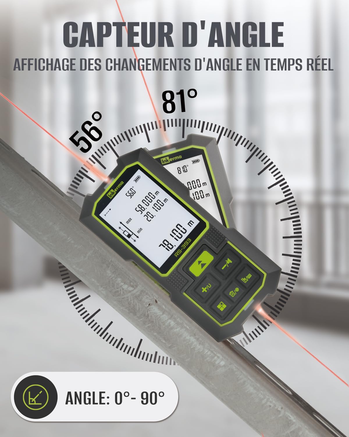 Inkerma Télémètre Laser Bilatéral 393Ft/120M, Mètre Laser Rechargeable avec Unités Ft/in/M, Capteur d'angle, Mode Pythagore, Mesure de Surface et de Volume