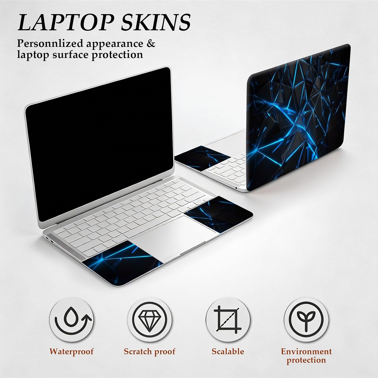 12.1-15.6 Inch Universal Reusable Laptop Skin Sticker Decal, Waterproof Removable Protector for Notebook Cover, Scratch-Resistant Vinyl Cuttable Full Wrap Sticker, Blue Glowing Lines Polyhedron