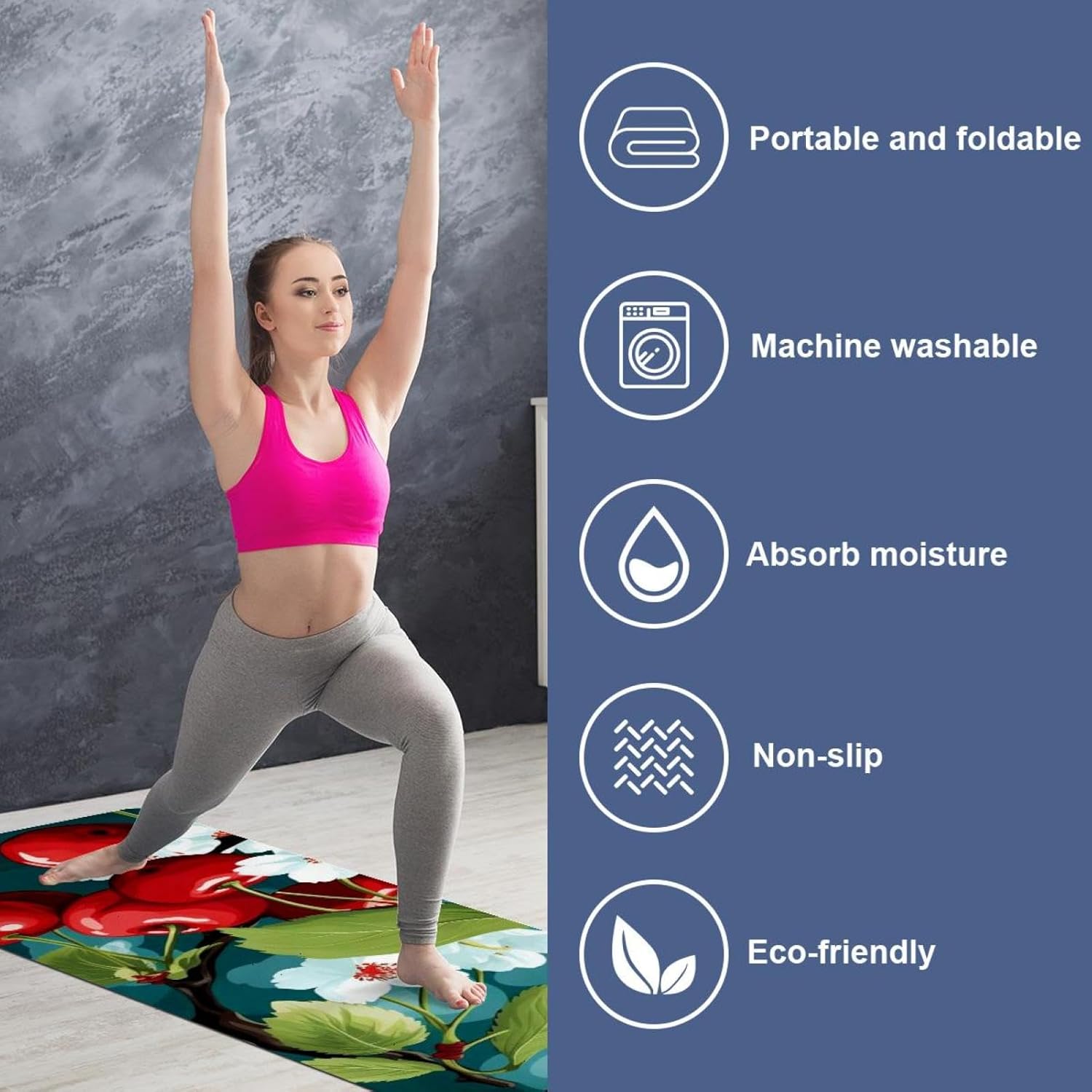 Yoga Towel, Cherry Pattern Non Slip Sweat Absorbent Hot Yoga Mat Towel for Hot Yoga, Pilates and Fitness - 72.8" x 26.8"