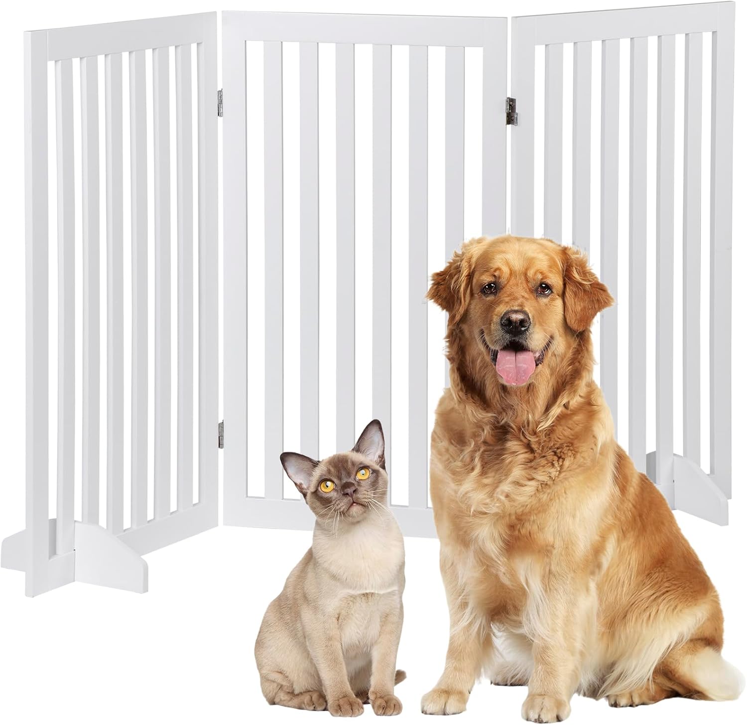 36 Inch Freestanding Indoor Retractable Dog Gate Pet Gate for Stairs, Hallways or Doorways 3 Panels Indoor Foldable Puppy Dog Fence Wooden Safety Fence, White