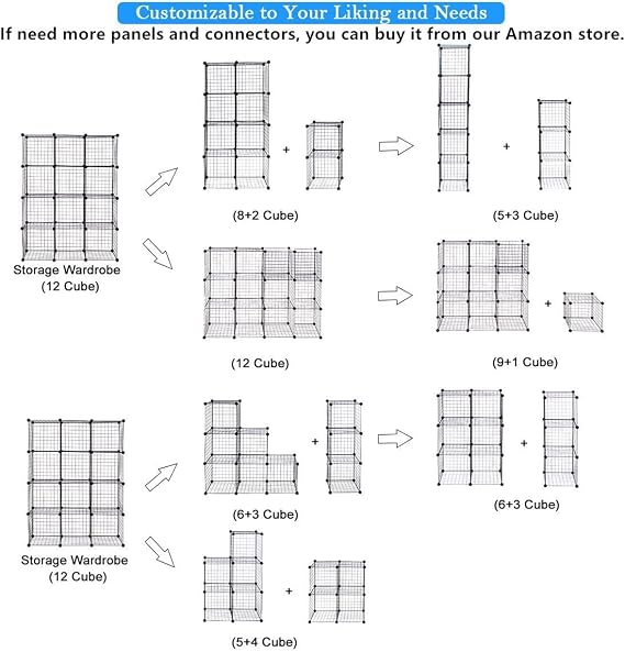 UNICOO 14x14 Inch Multi Use DIY Bookcase & Shelf | Closet Organizers and Storage Cabinet - 12 Cube Wire Grid Organizer, Wardrobe Closet Organizer, Storage Shelves for Bedroom (12-Black Wire)