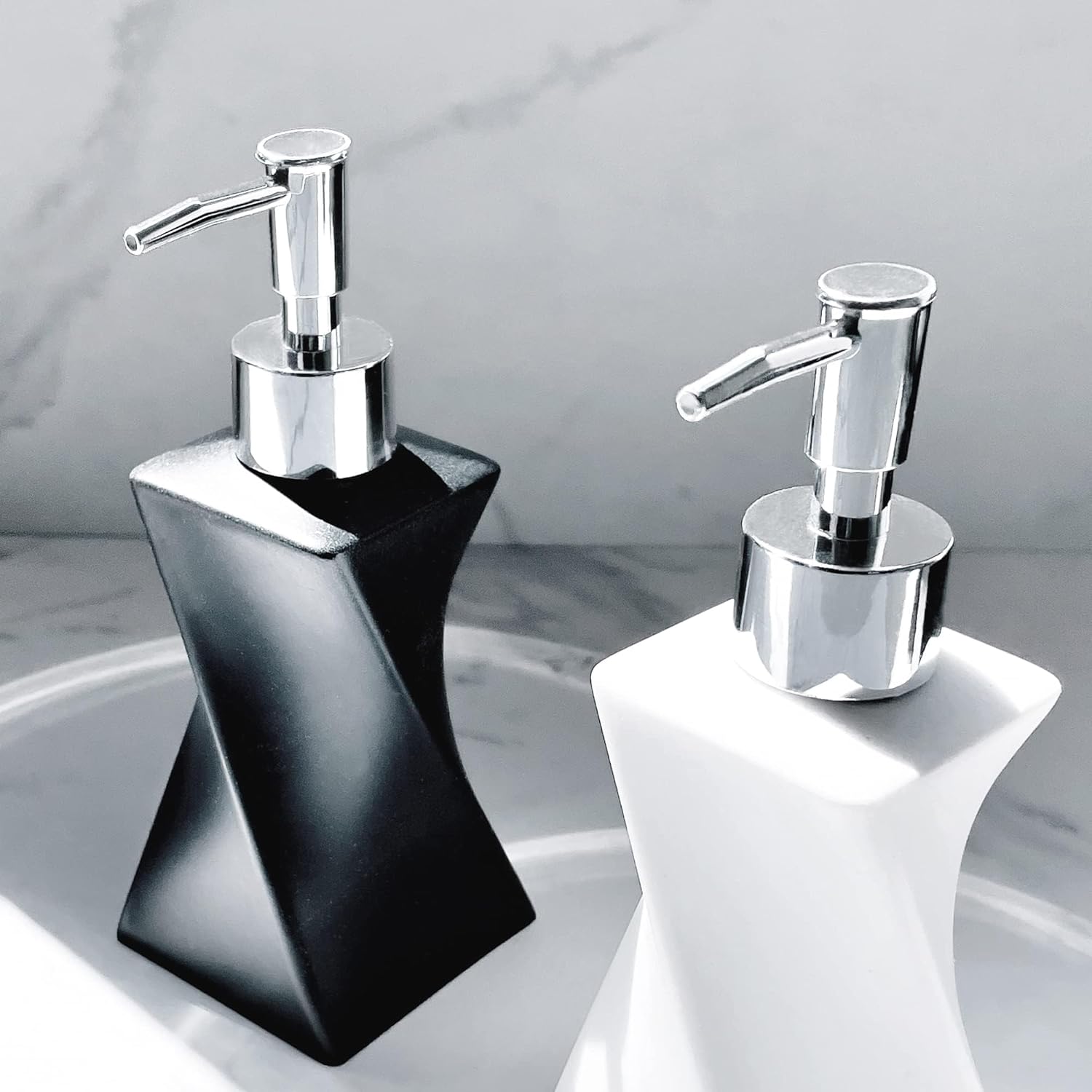 2 Pack Modern White & Black Hand Soap Dispenser Set for Bathroom Countertop, Dish Soap Dispenser for Kitchen, Contemporary Art Style, Rust Proof, 8.5oz