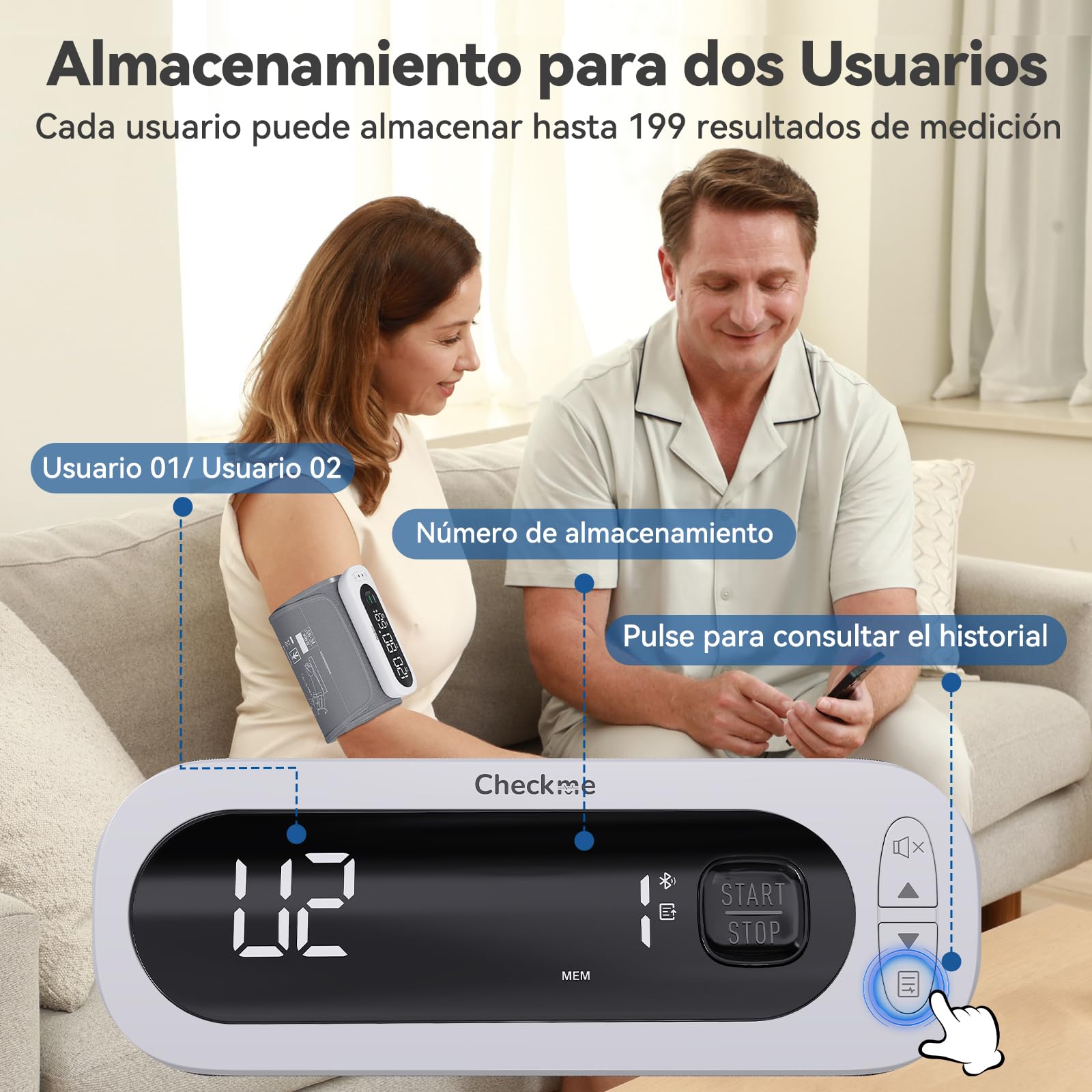 CheckMe BP2A Nexus Tensiómetro de Brazo Digital con Bluetooth, Media 3 Mediciones, Medidor Tension Arterial con Pantalla LCD, Manguito Inalámbrico (22-42 cm), Memoria 2 Usuarios