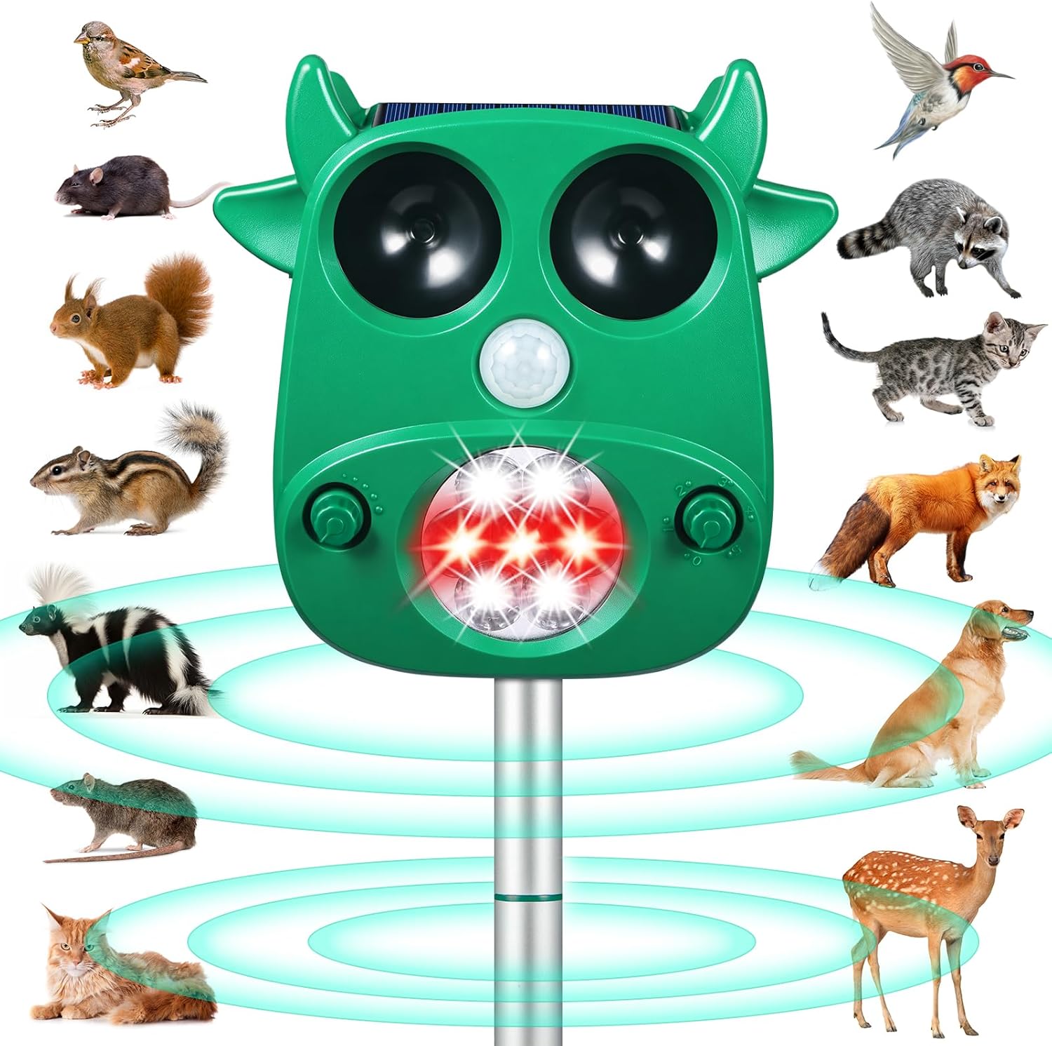 Solar Ultrasonic Animal Repeller Outdoor Deer Repellent with Motion Detection Flashing Lights Cat Repellent Rabbit Raccoon Dog Coyote Skunk Repellent for Yard Garden Deterrent Device Animal Repellent