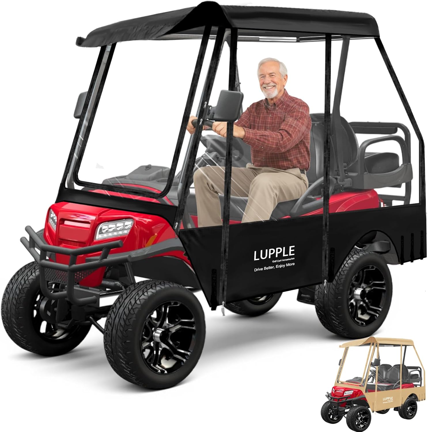 Golf Cart Enclosure for EZGO TXT RXV 2 4 Passenger 59" Short Roof & 6 Seat Express S6 L6, 600D Rain Cover with Clear PVC Window, 4-Sided Roll-Up Zipper Doors, Golf Cart Accessories