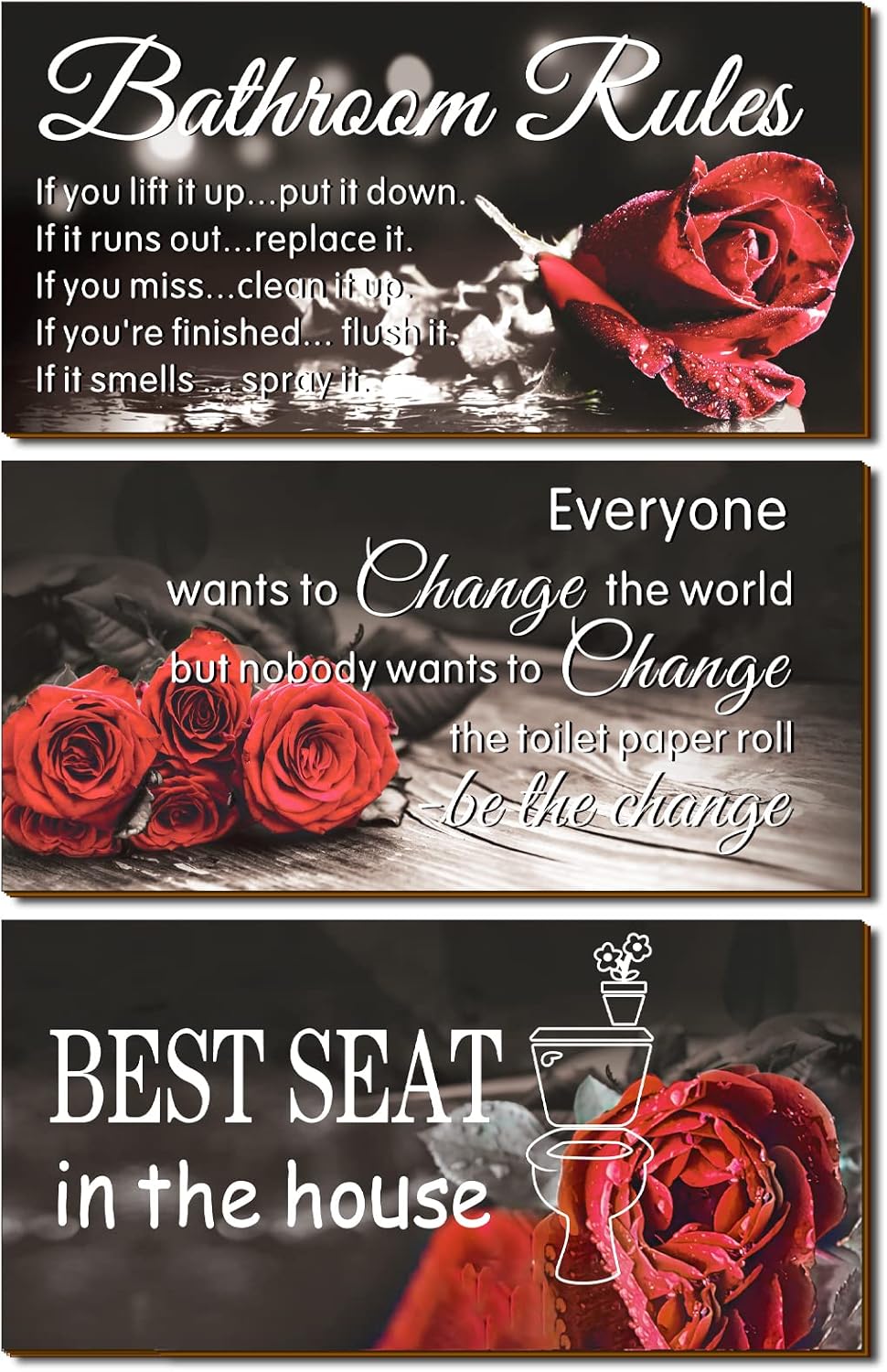 YLOLUL 3 Pcs Rose Bathroom Rules Wall Decor Bathroom Rules