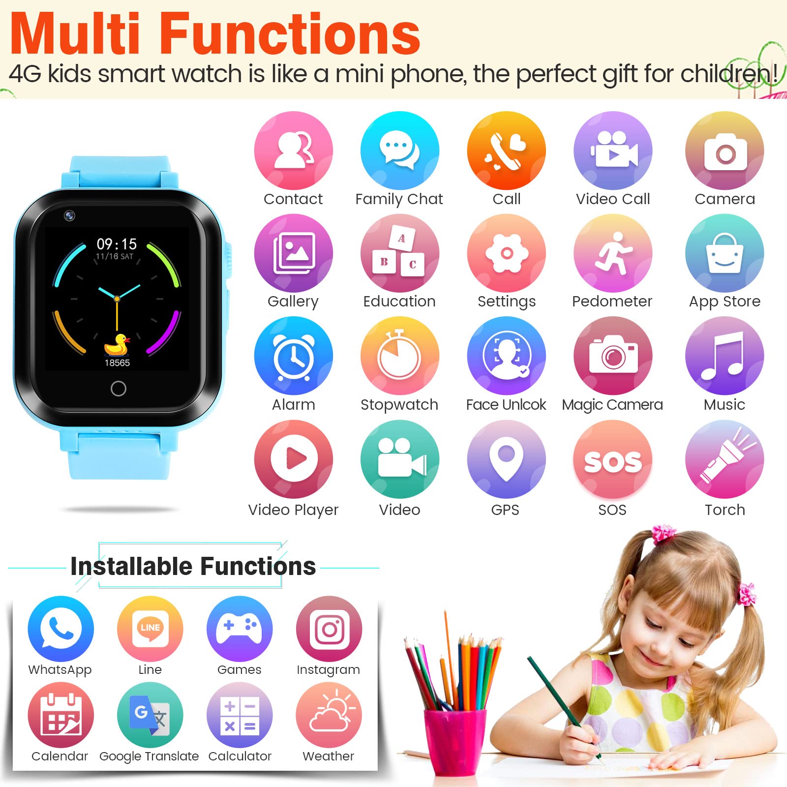 ele ELEOPTION Orologio intelligente per bambini 4G IP67 impermeabile con posizione GPS, fotocamera, SOS, chiamata, contapassi, touch screen, video chat Smart Watch per ragazzi e ragazze (blu T16)