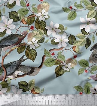 Soimoi Bird and Floral Print 58 Inches Wide Cotton Poplin Fabric Deocrative by The Yard-Baby Blue