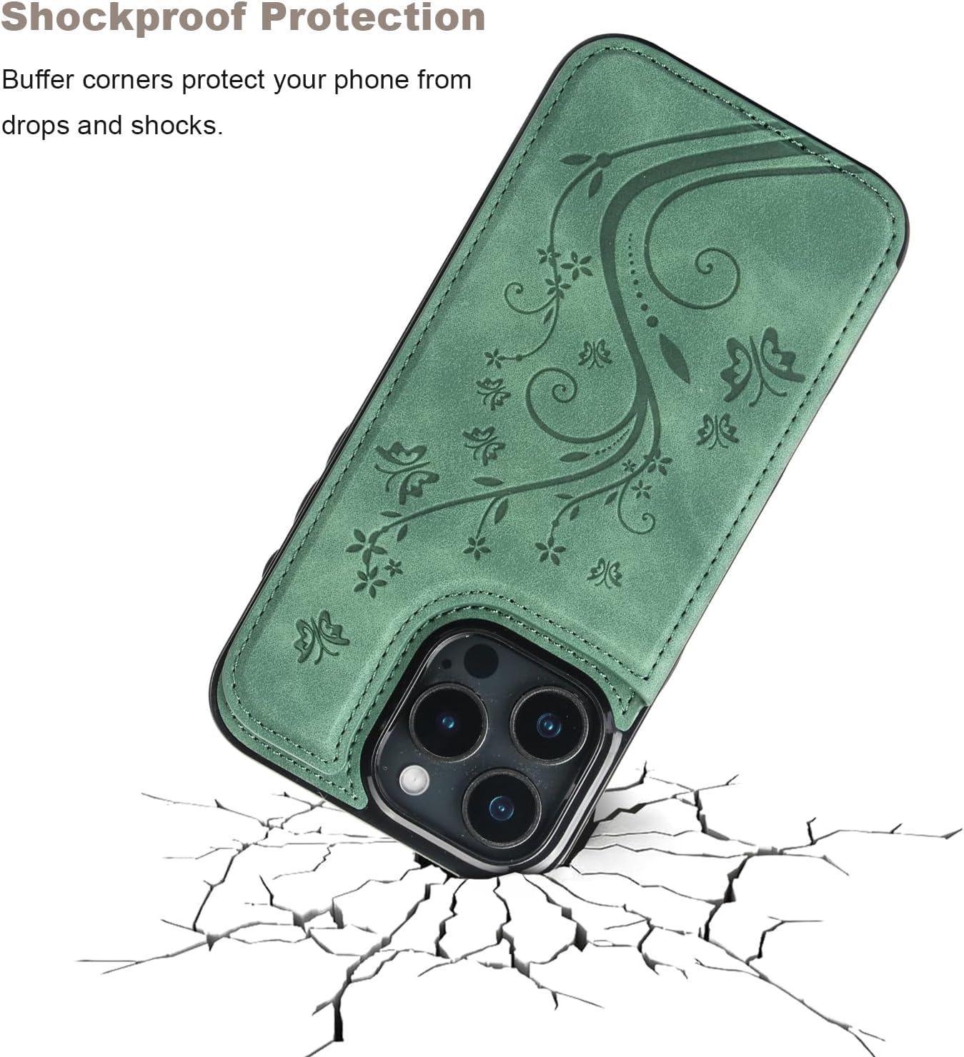 Vaburs Compatible with iPhone 16 Pro Max Case Wallet with Card Holder,Embossed Butterfly Pattern PU Leather Double Buttons Flip Protective Shockproof Cover for Magnetic Mount 6.9 Inch (Dark Green) - Image 6