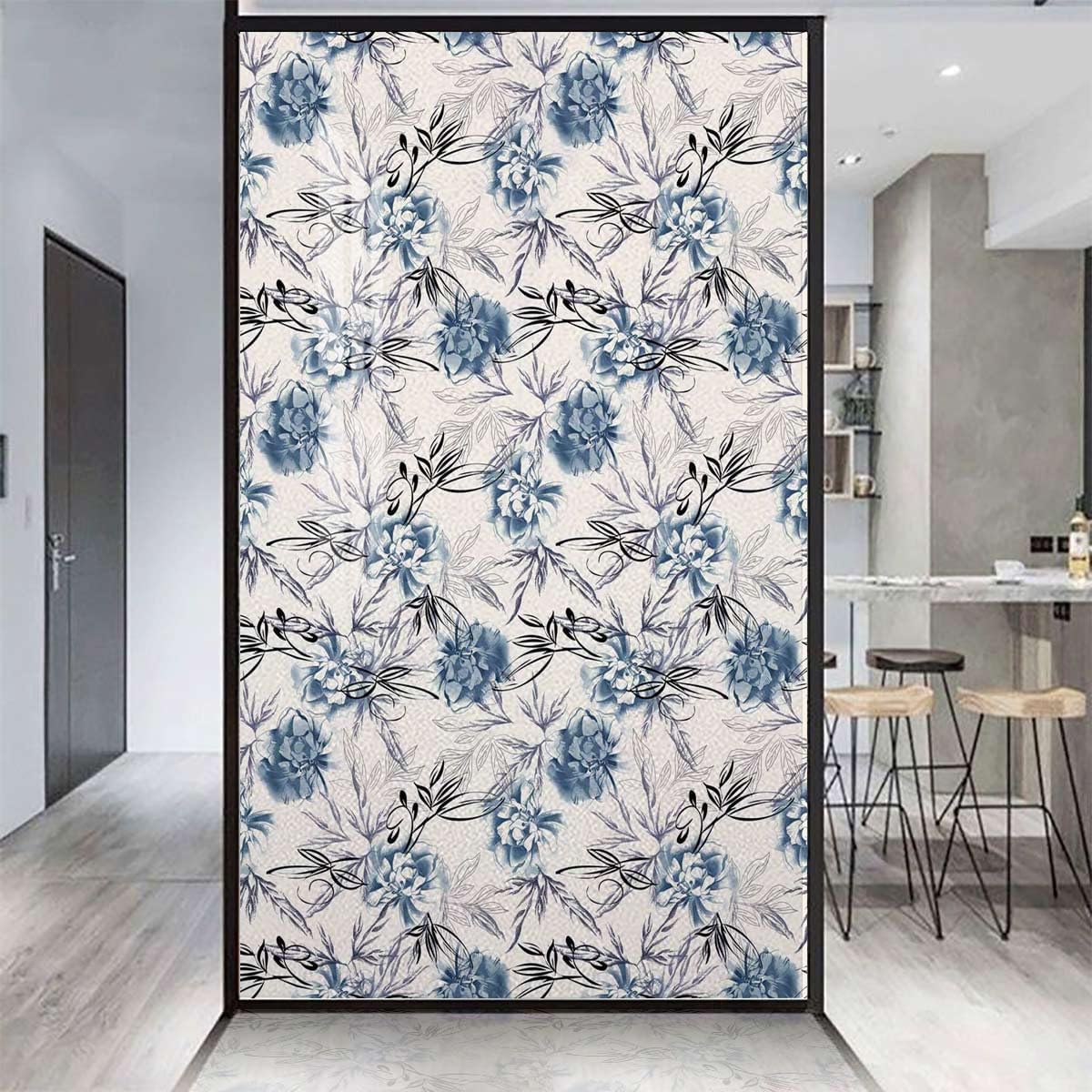 Blue Window Sticker Non-Adhesive Glass Film Garden Spring Fashion Flower Design Window Film Stained Glass Film Frosted Privacy Watercolor 31.5Wx62.9L-inch